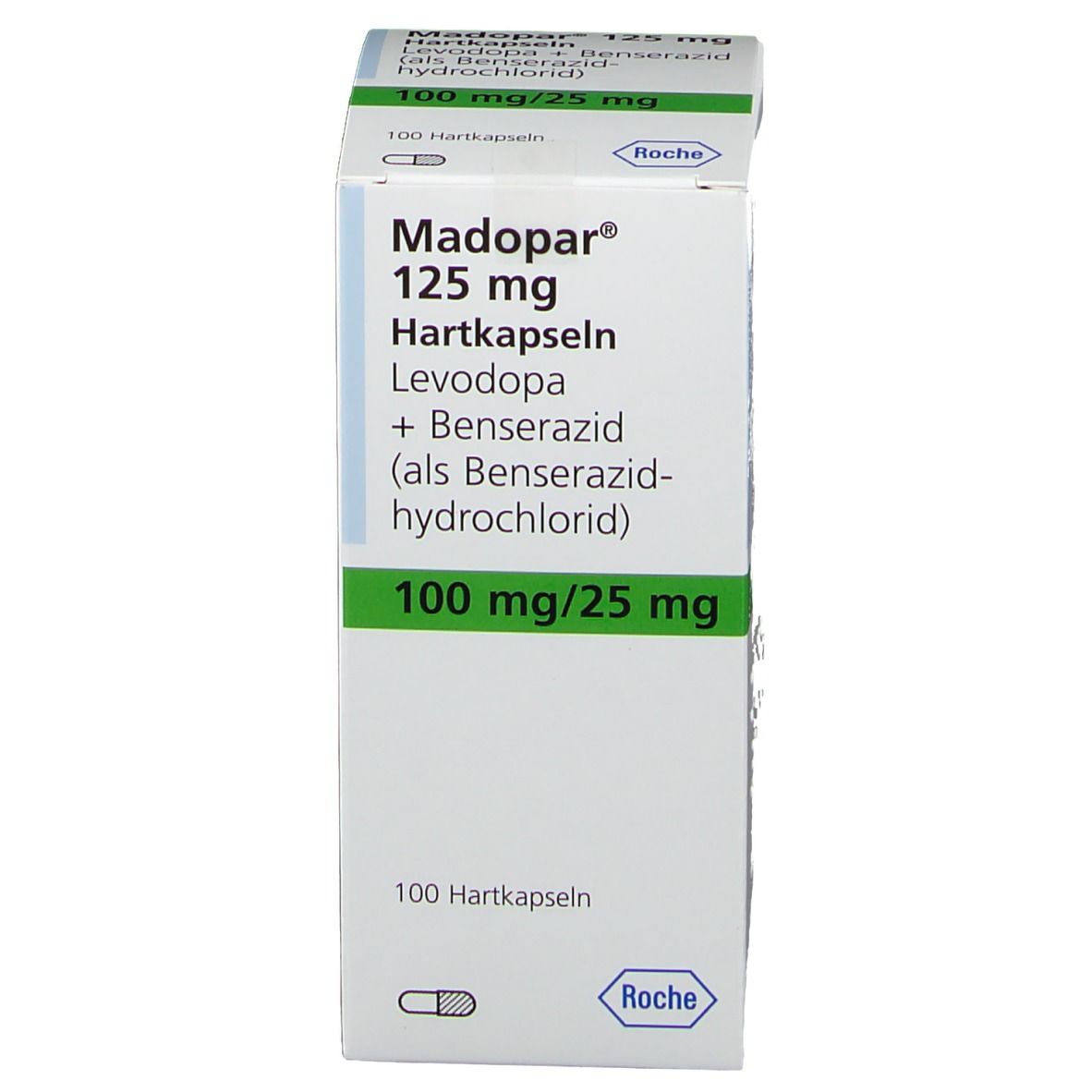 Schachtel mit Madopar 125 mg Hartkapseln. Enthält Levadopa und Benserazid. 100 mg/25 mg. Roche Logo.