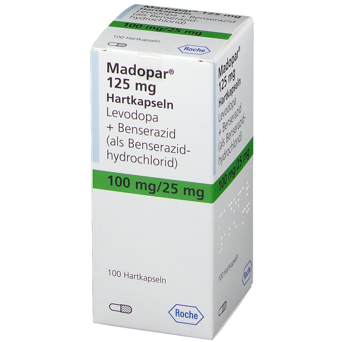 Schachtel mit Madopar 125 mg Hartkapseln. Enthält Levadopa und Benserazid. 100 mg/25 mg. Roche Logo.