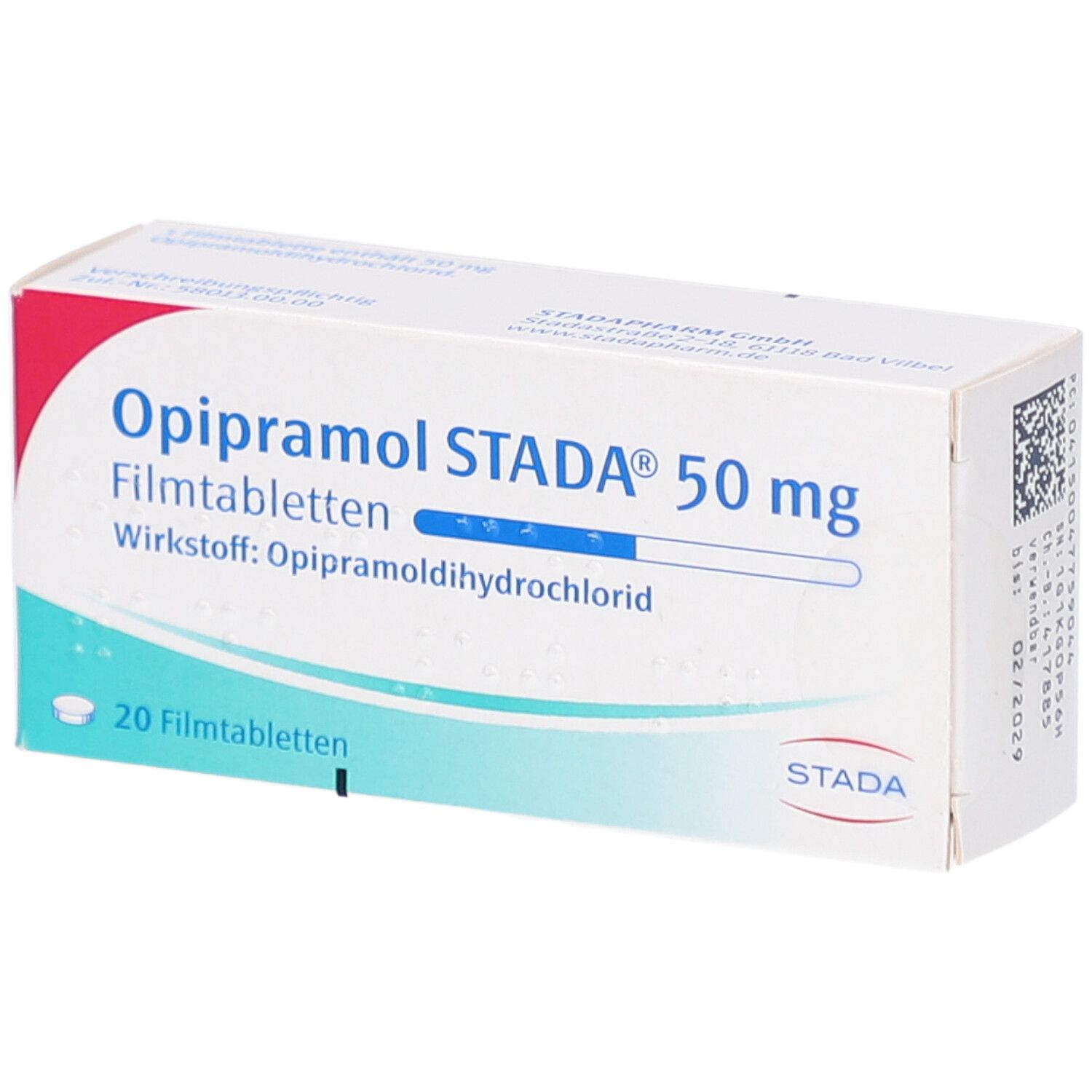 Schachtel mit Opipramol STADA® 50 mg Filmtabletten. Aufschrift: 20 Filmtabletten. Logo STADA.