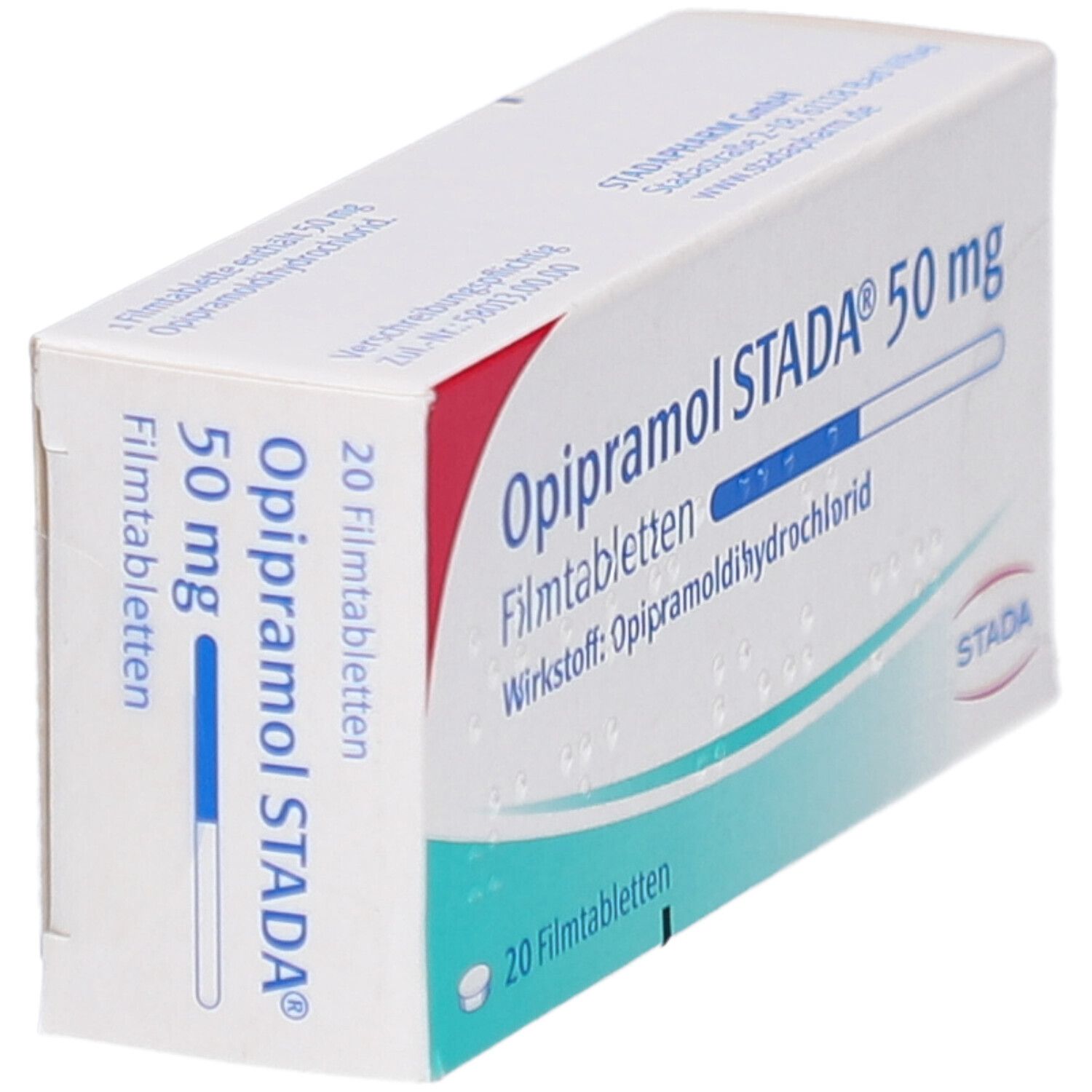Schachtel Opipramol STADA® 50 mg Filmtabletten. Aufschrift: 20 Filmtabletten. Logo STADA. Perspektivische Ansicht.