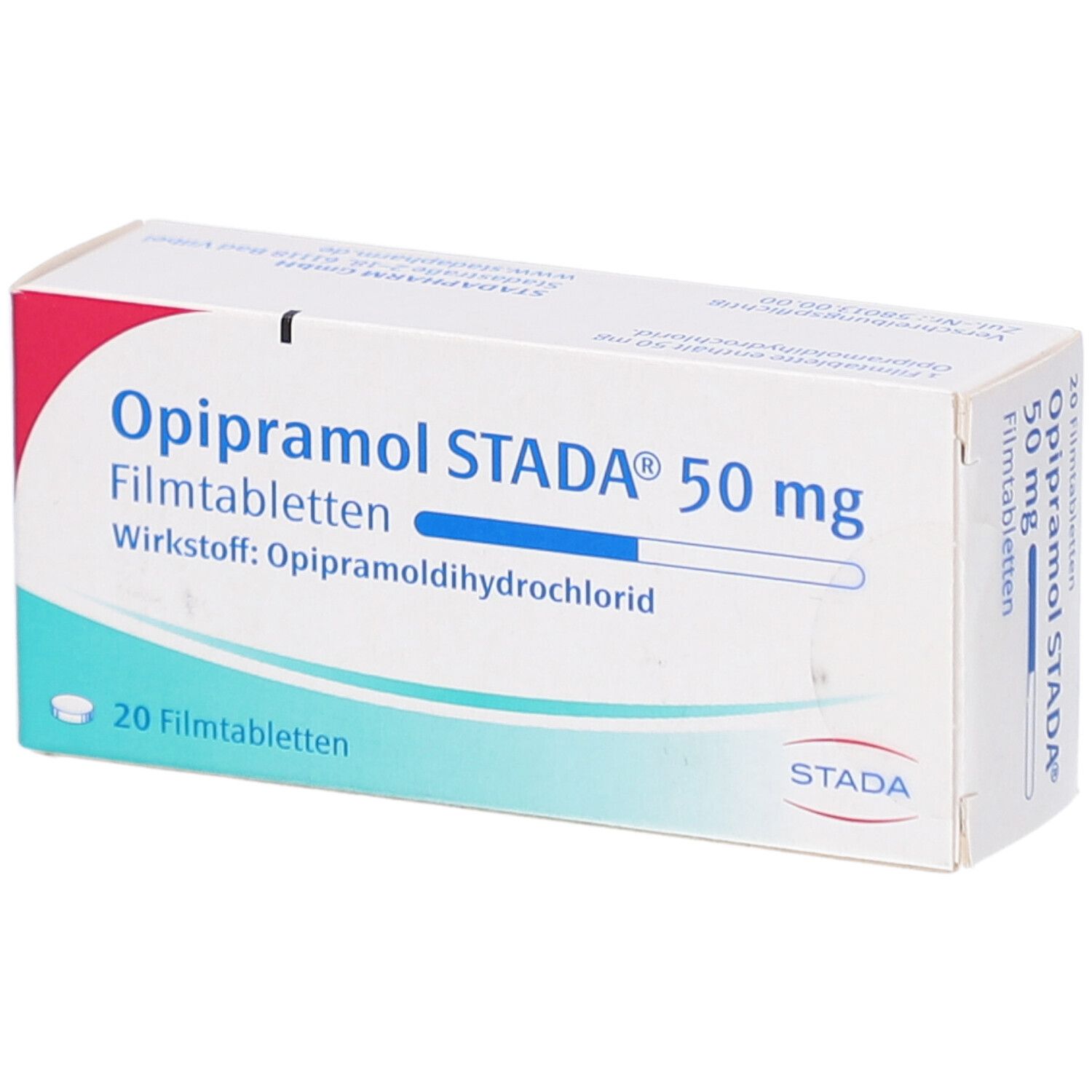 Schachtel Opipramol STADA® 50 mg Filmtabletten. Aufschrift: 20 Filmtabletten. Logo STADA. Draufsicht.