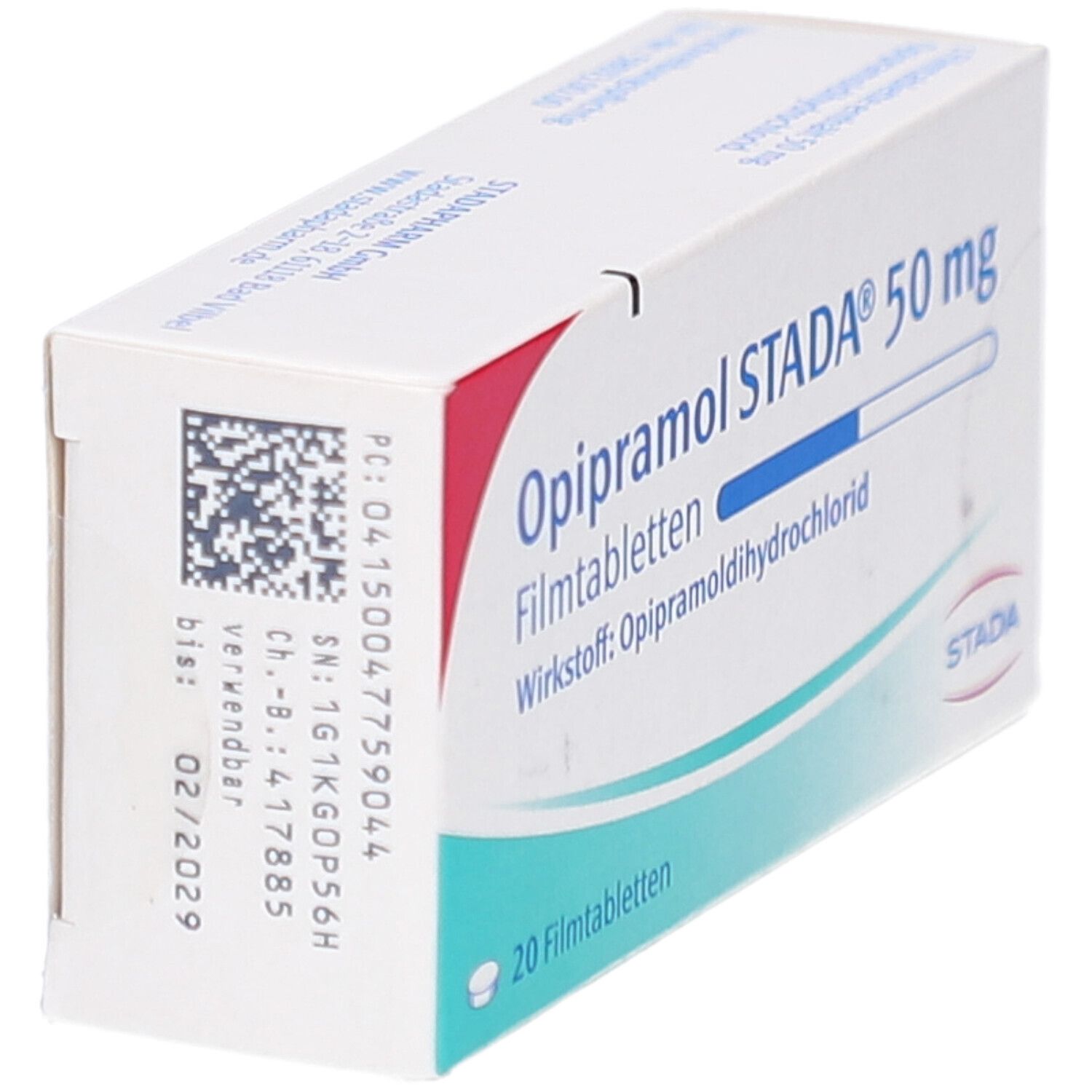 Schachtel Opipramol STADA® 50 mg Filmtabletten. Aufschrift: 20 Filmtabletten. Logo STADA. Detailansicht mit QR-Code.