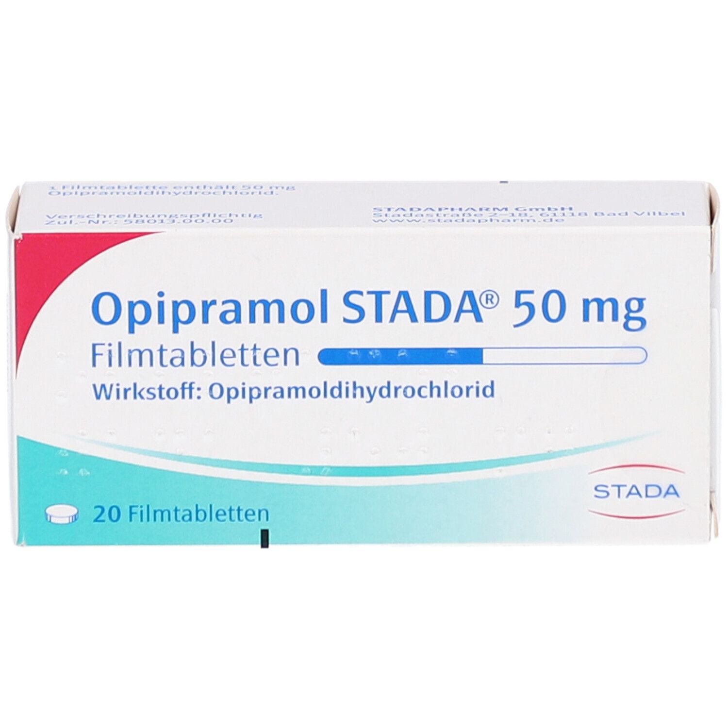 Schachtel Opipramol STADA® 50 mg Filmtabletten. Aufschrift: 20 Filmtabletten. Logo STADA. Nahaufnahme.