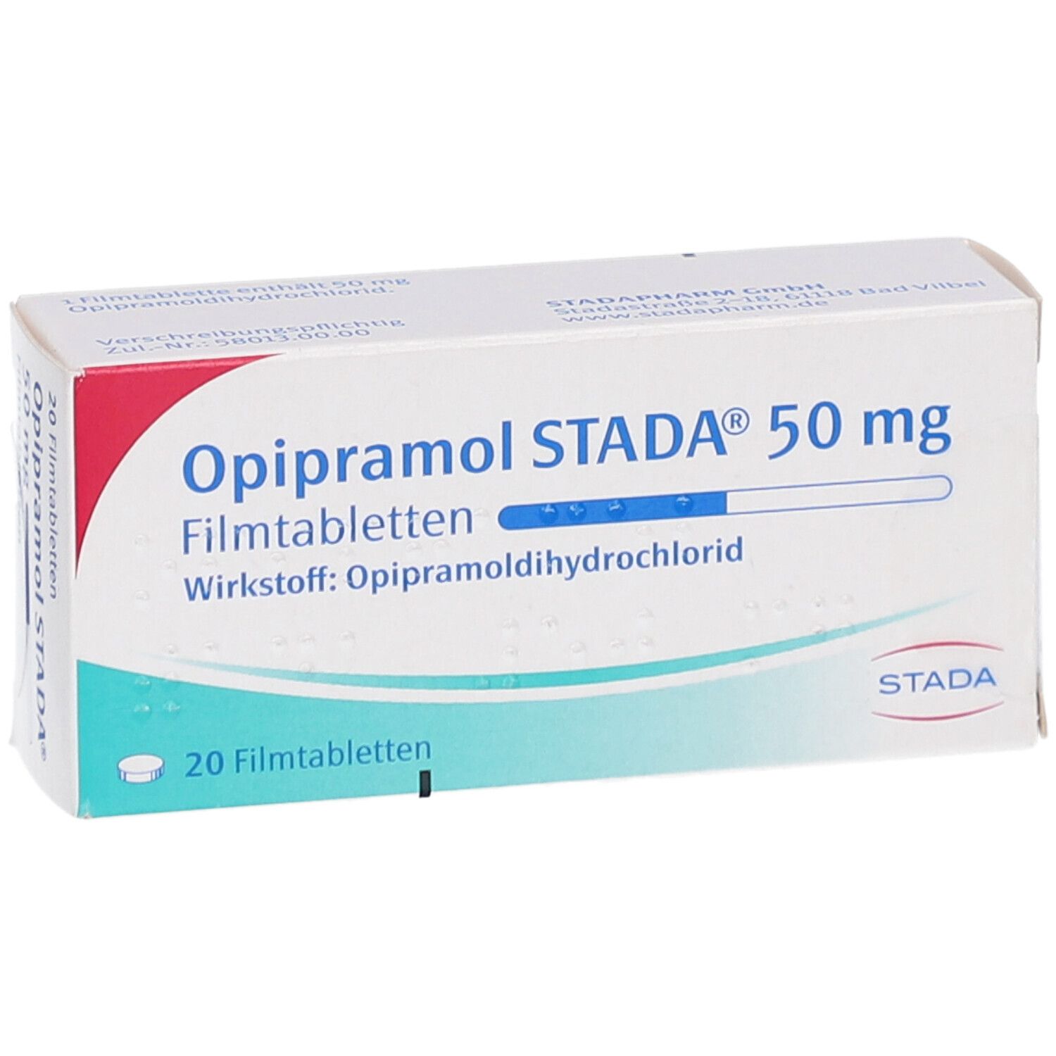 Schachtel Opipramol STADA® 50 mg Filmtabletten. Aufschrift: 20 Filmtabletten. Logo STADA. Nahaufnahme.