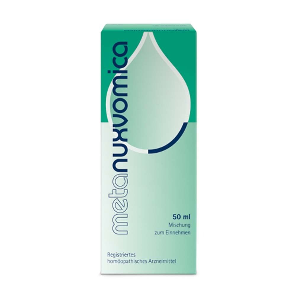 Grüne Schachtel mit weißem Tropfen-Design. Aufschrift: metanuxvomica. 50 ml. Mischung zum Einnehmen.