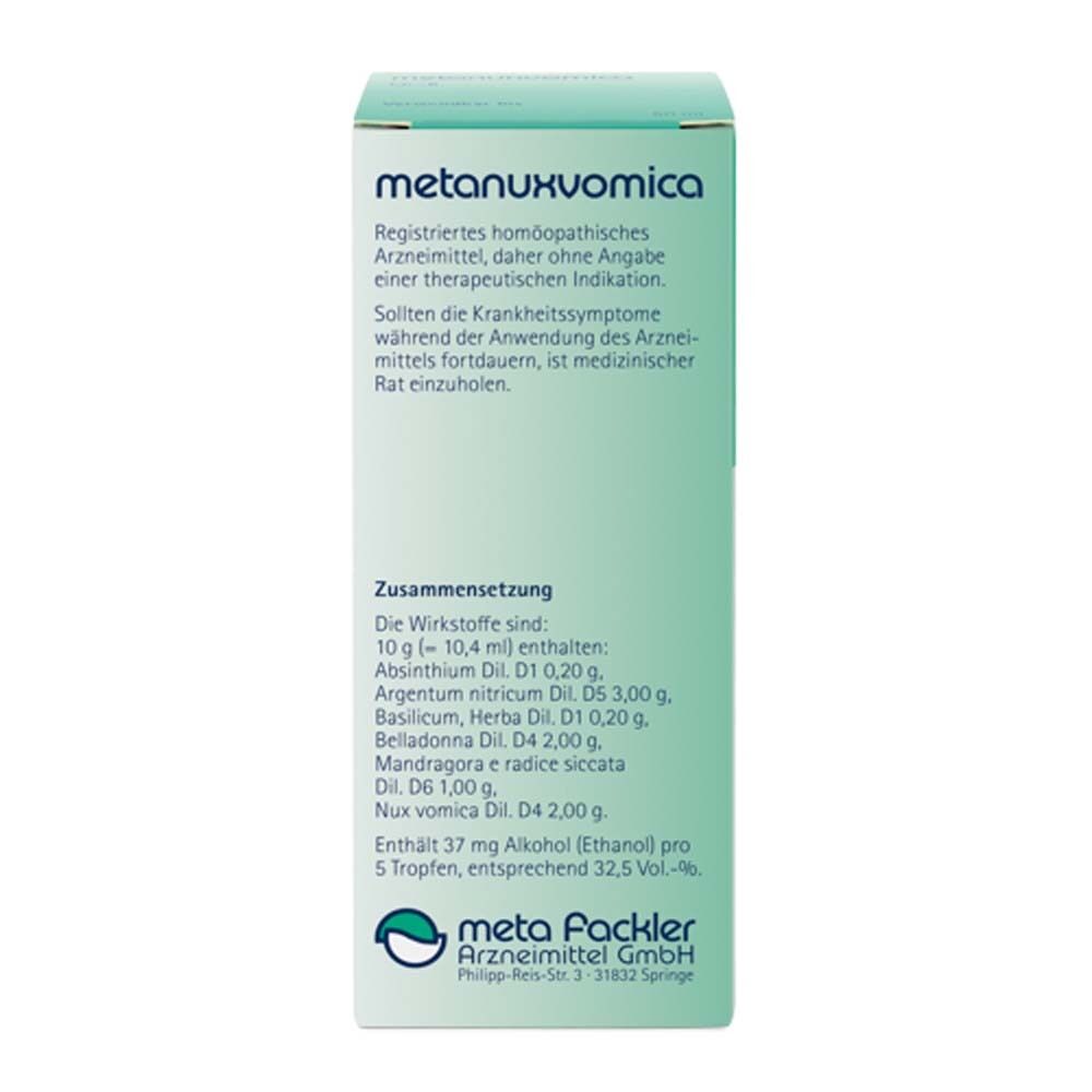 Rückseite der grünen Schachtel. Text: metanuxvomica. Zusammensetzung, Wirkstoffe. Apothekenpflichtig.