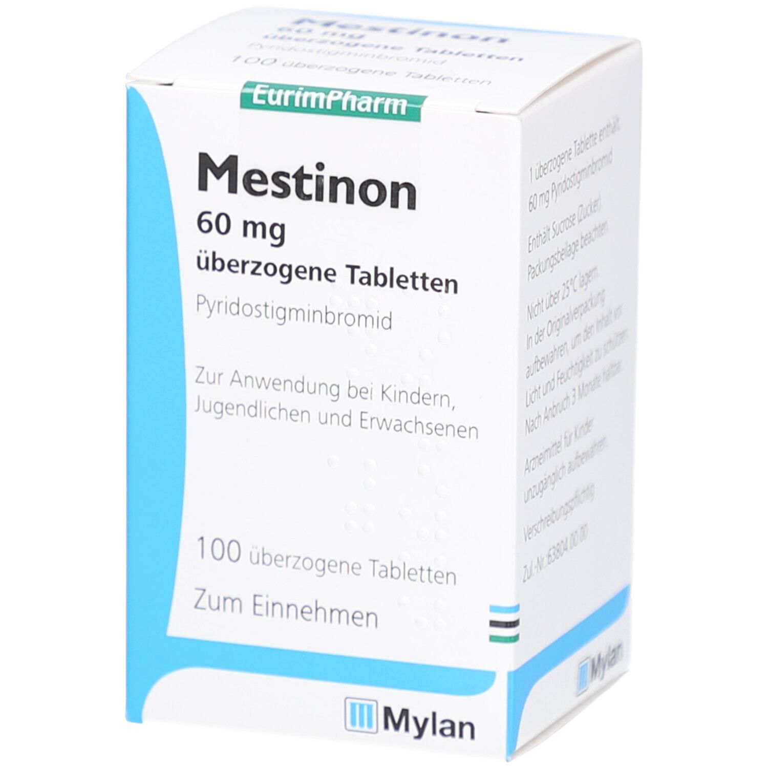 Weiße Medikamentenbox mit blauen Akzenten. Aufschrift: Mestinon 60 mg, überzogene Tabletten. Enthält 100 Tabletten. Mylan Logo.