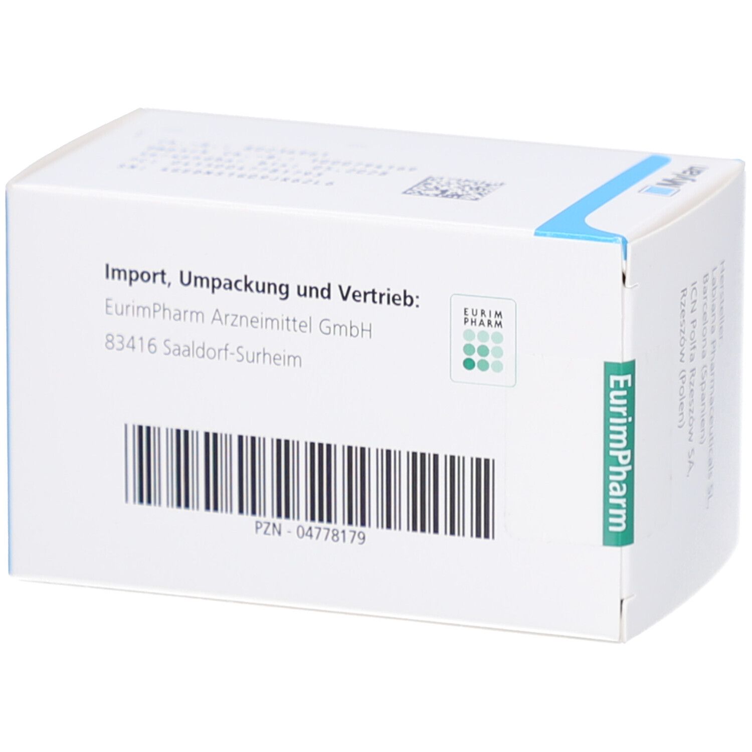 Weiße Medikamentenbox mit Barcode und Text. Aufschrift: EurimPharm, Import, Umpackung und Vertrieb. PZN-04778179.
