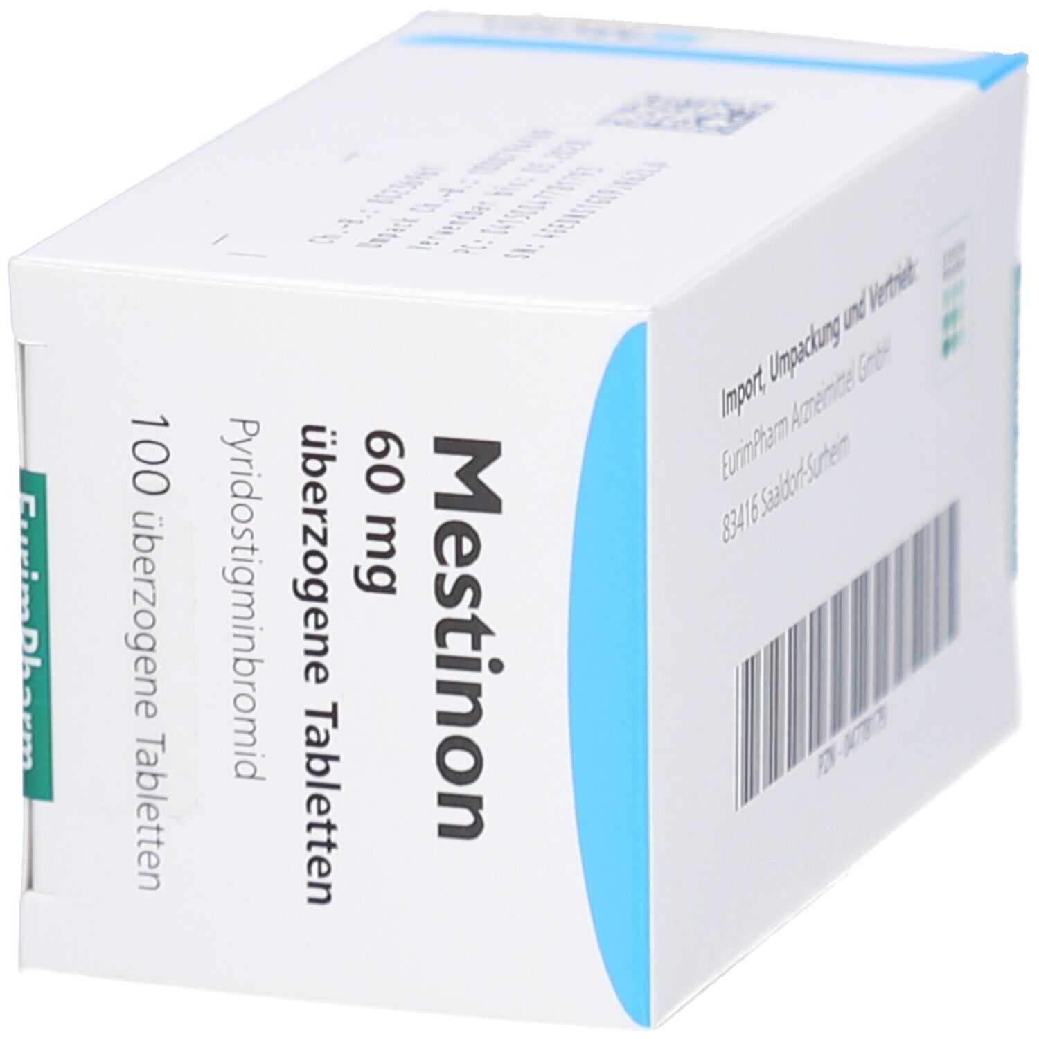 Weiße Medikamentenbox mit blauen Akzenten. Aufschrift: Mestinon 60 mg, überzogene Tabletten. Enthält 100 Tabletten. EurimPharm Logo.
