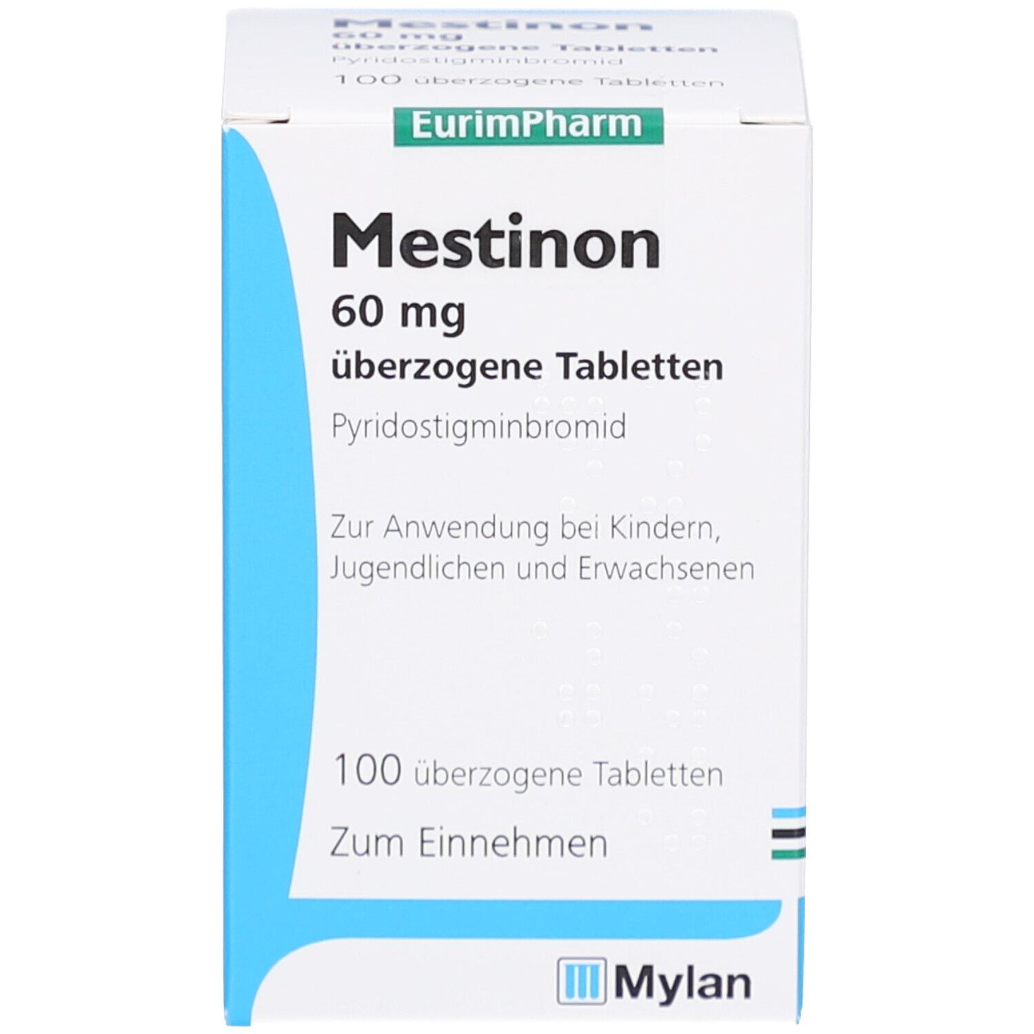 Weiße Medikamentenbox mit blauen Akzenten. Aufschrift: Mestinon 60 mg, überzogene Tabletten. Enthält 100 Tabletten. Mylan Logo.