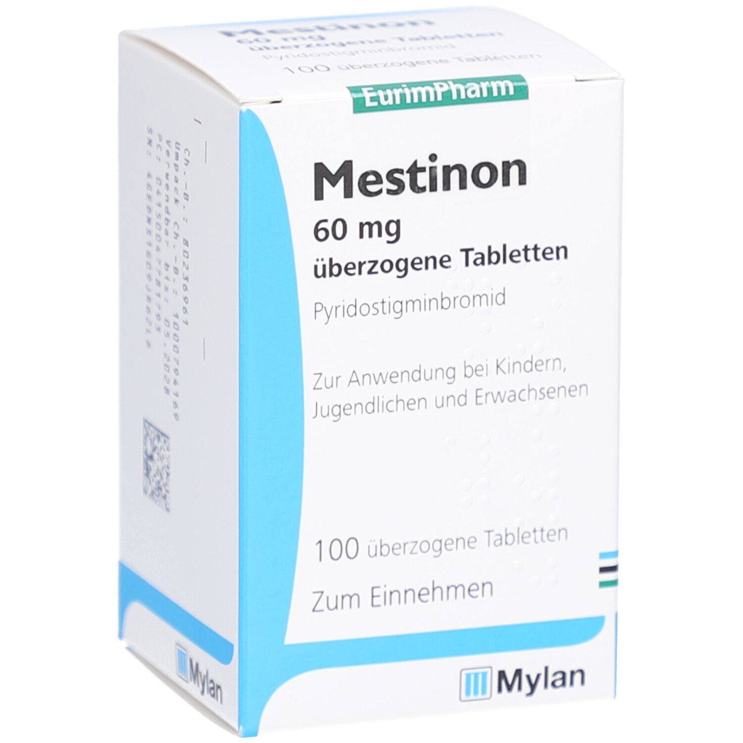 Weiße Medikamentenbox mit blauen Akzenten. Aufschrift: Mestinon 60 mg, überzogene Tabletten. Enthält 100 Tabletten. Mylan Logo.