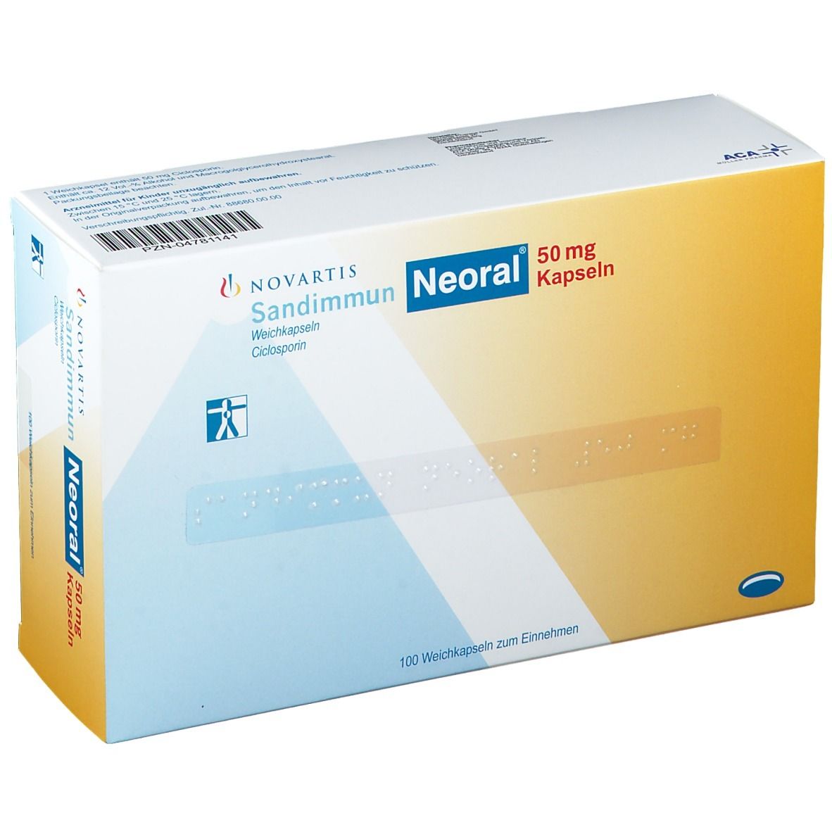 Weiß-gelbe Schachtel mit "Sandimmun Neoral 50 mg Kapseln". Braille-Schrift. Novartis Logo. 100 Weichkapseln.
