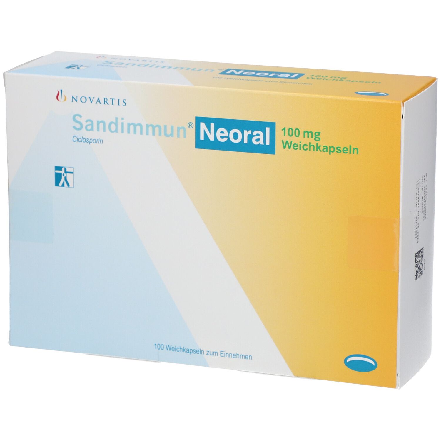 Schachtel SANDIMMUN NEORAL 100 mg. Novartis-Logo. Text: Sandimmun Neoral, 100 mg Weichkapseln. 100 Weichkapseln zum Einnehmen.
