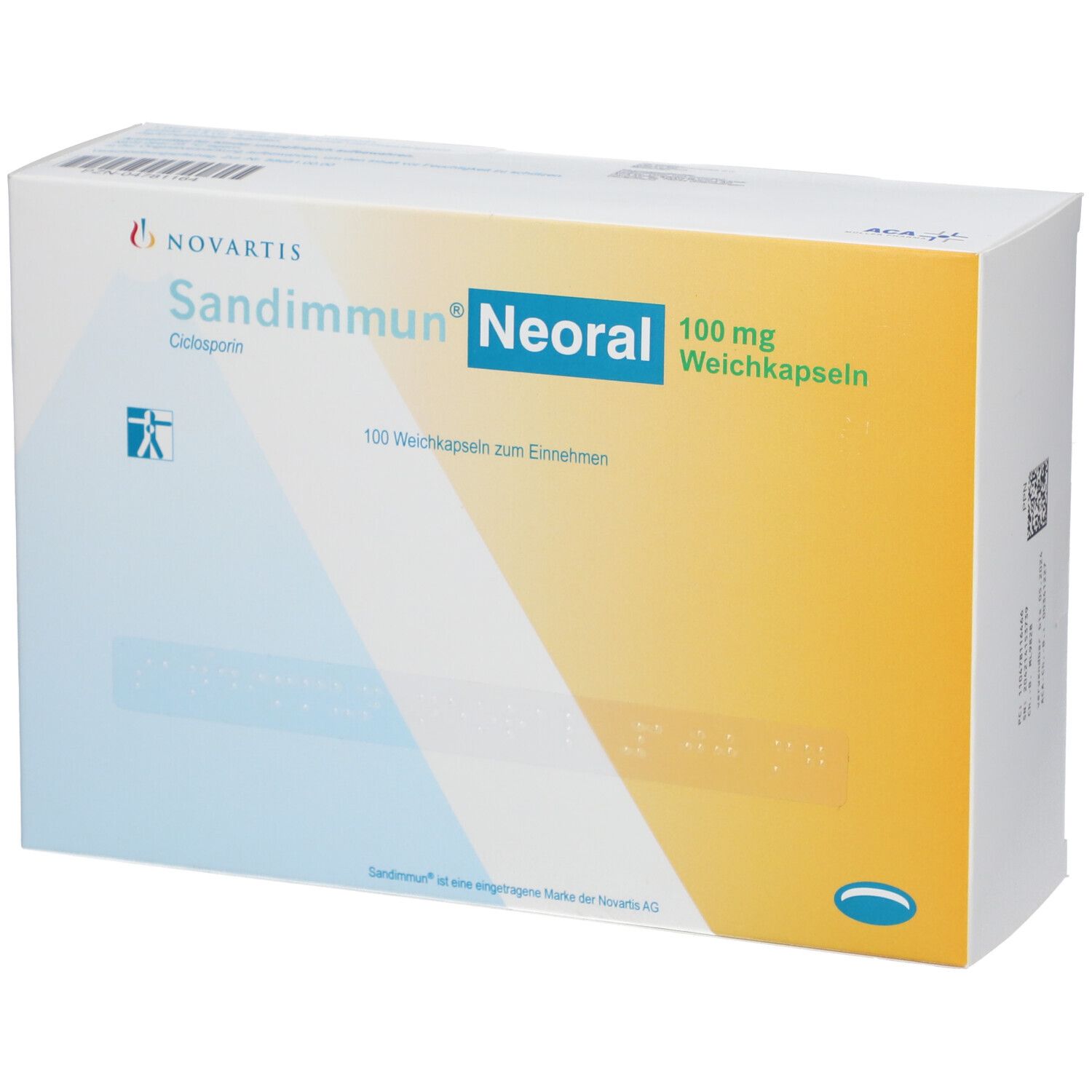 Schachtel SANDIMMUN NEORAL 100 mg. Novartis-Logo. Text: Sandimmun Neoral, 100 mg Weichkapseln. 100 Weichkapseln zum Einnehmen. Braille-Schrift.