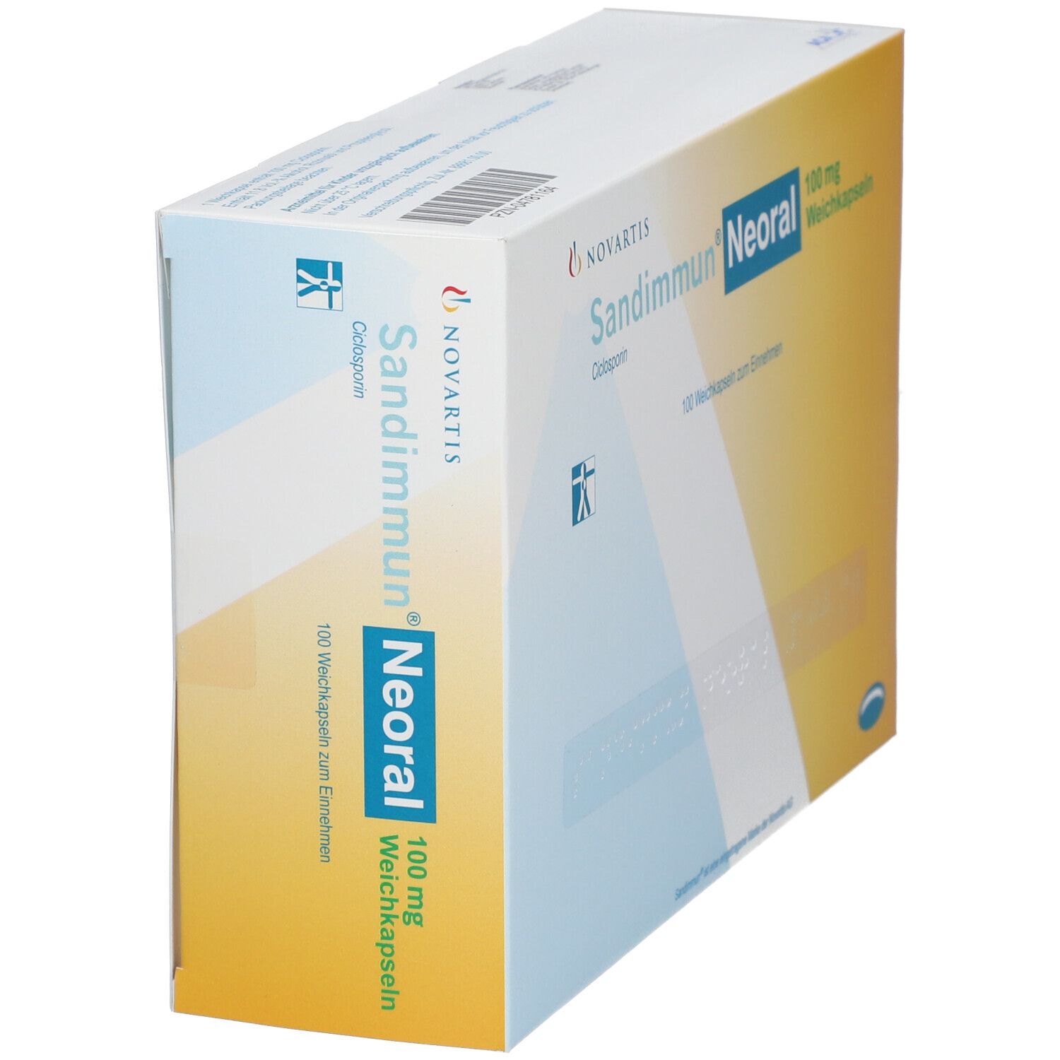 Schachtel SANDIMMUN NEORAL 100 mg. Novartis-Logo. Text: Sandimmun Neoral, 100 mg Weichkapseln. 100 Weichkapseln zum Einnehmen. Ansicht schräg.