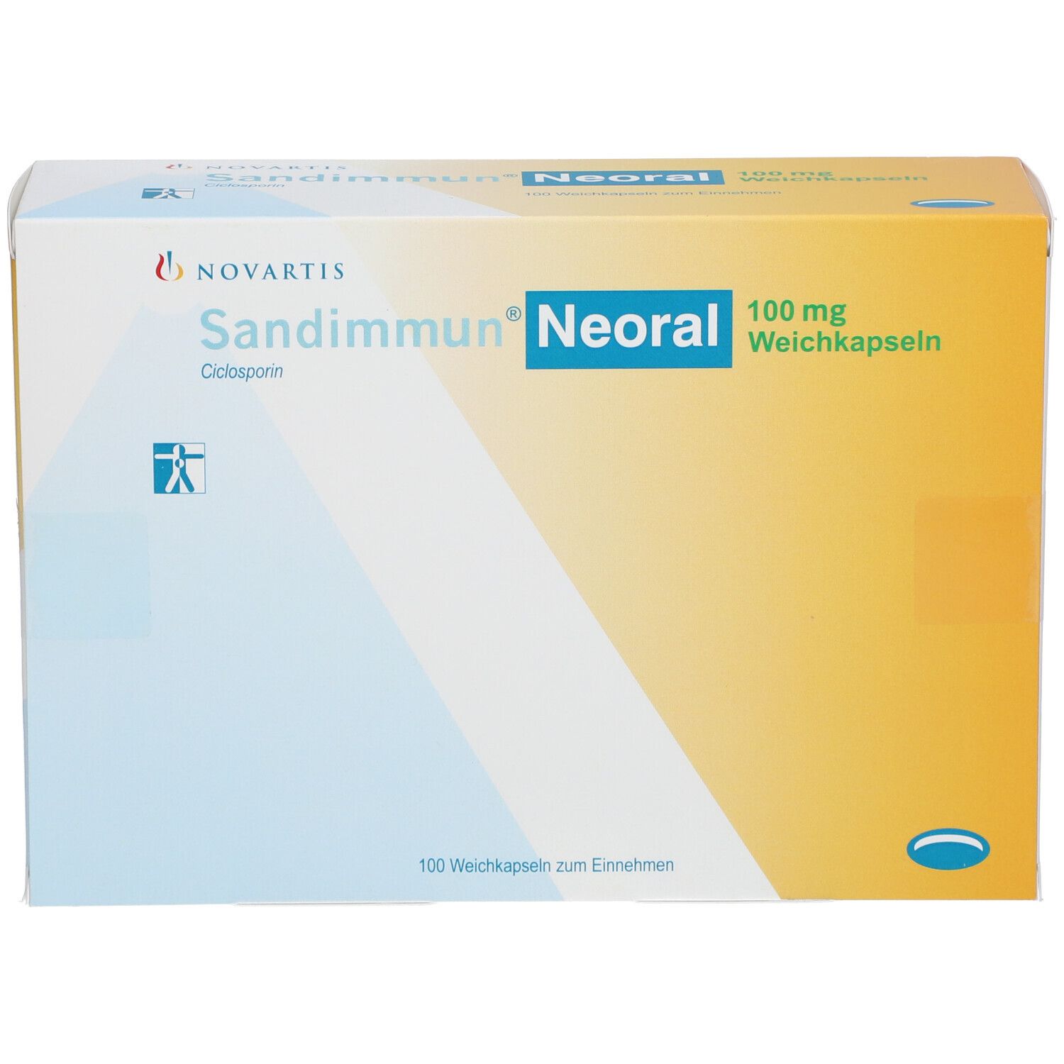 Schachtel SANDIMMUN NEORAL 100 mg. Novartis-Logo. Text: Sandimmun Neoral, 100 mg Weichkapseln. 100 Weichkapseln zum Einnehmen.