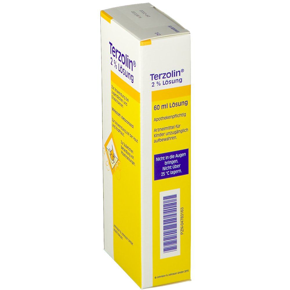 Terzolin® 2 % Lösung-Verpackung, Seitenansicht. Gelbe Schachtel mit Produktinformationen. Enthält 60 ml Lösung.