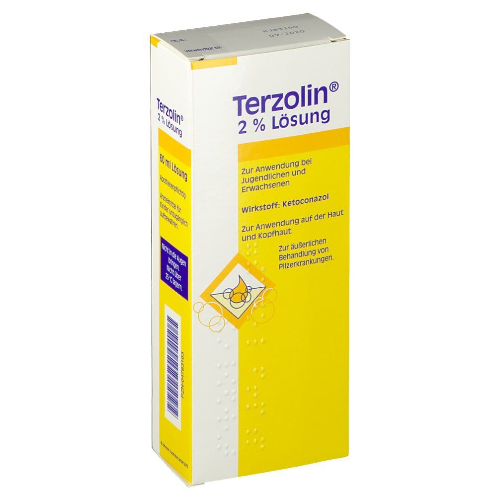 Terzolin® 2 % Lösung-Verpackung. Gelbe Schachtel mit Produktnamen und Informationen. Enthält Ketoconazol.