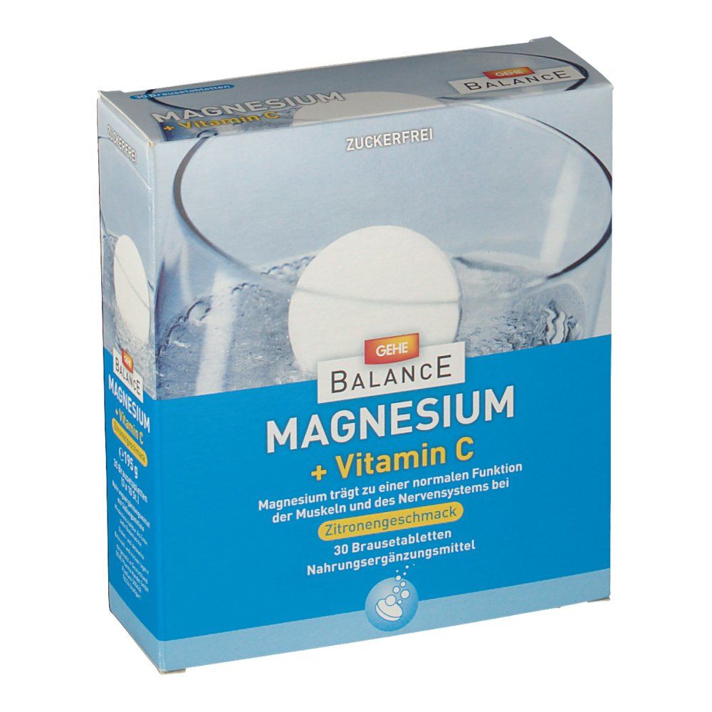 Blau-weiße Schachtel mit "GEHE Balance Magnesium + Vitamin C". Enthält 30 Brausetabletten. "Zitronengeschmack" und "Zuckerfrei" sind ebenfalls angegeben.