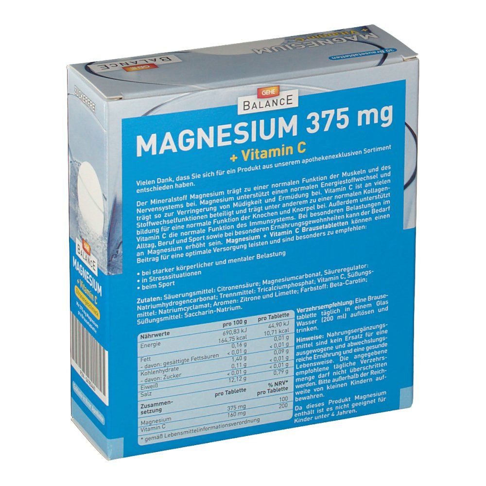 Schachtel "GEHE Balance Magnesium + Vitamin C". Text mit Inhaltsstoffen und Nährwertangaben. Enthält 30 Brausetabletten. "Zitronengeschmack" ist angegeben.