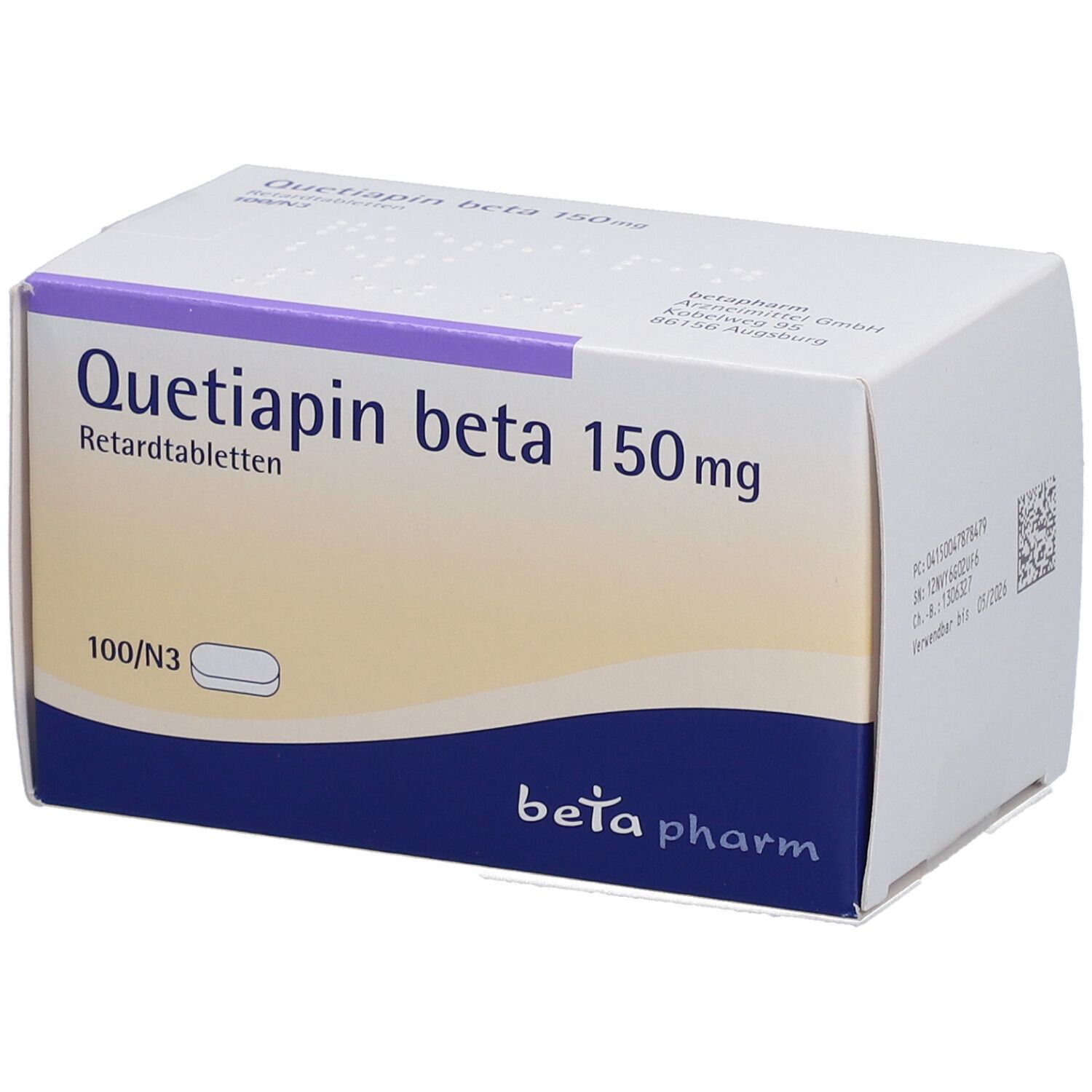Schachtel mit "Quetiapin beta 150mg Retardtabletten". Weiß, mit blauer und lila Schrift und Logo "beta pharm".