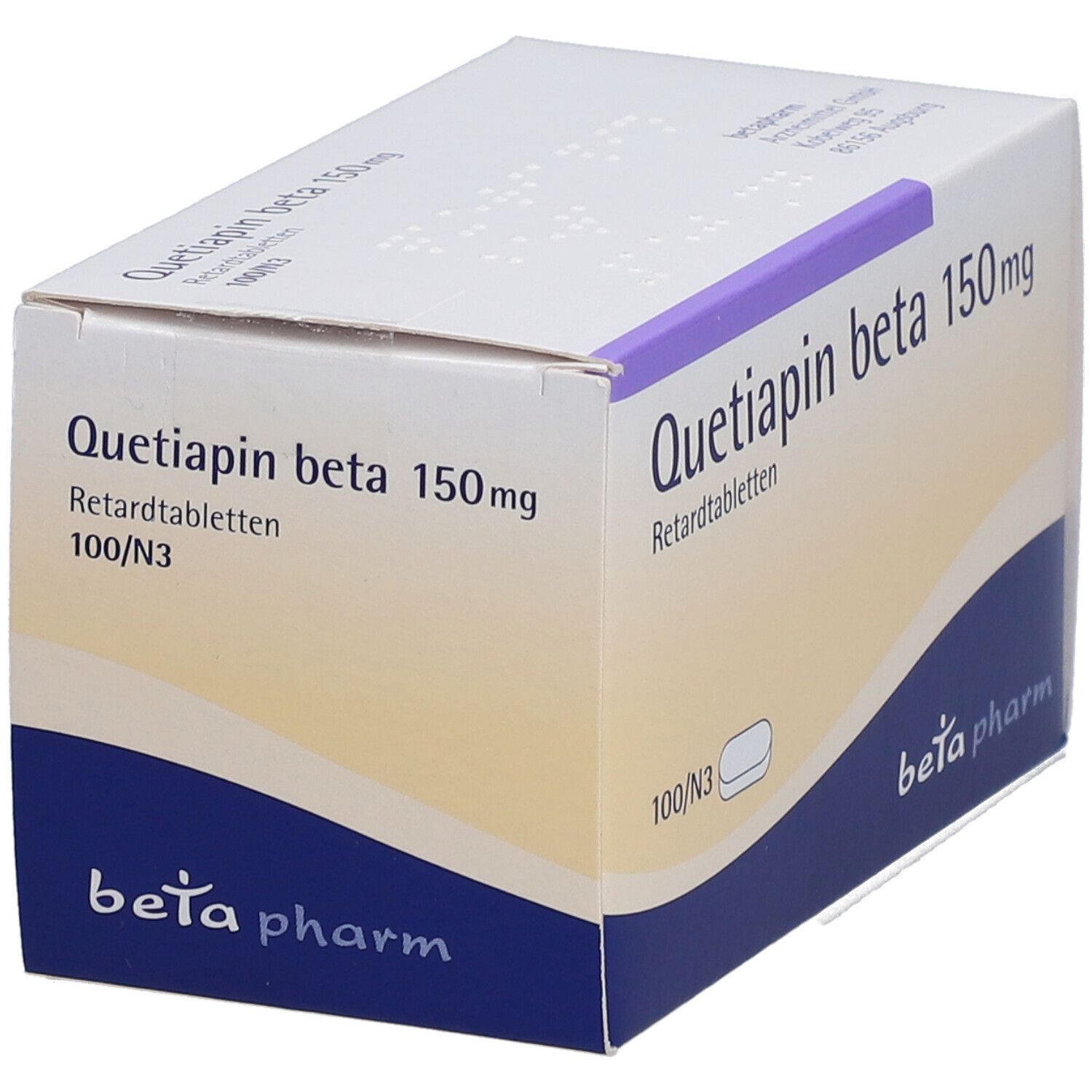 Schachtel "Quetiapin beta 150mg Retardtabletten". Weiß mit lila und gelbem Farbverlauf. Logo "beta pharm".