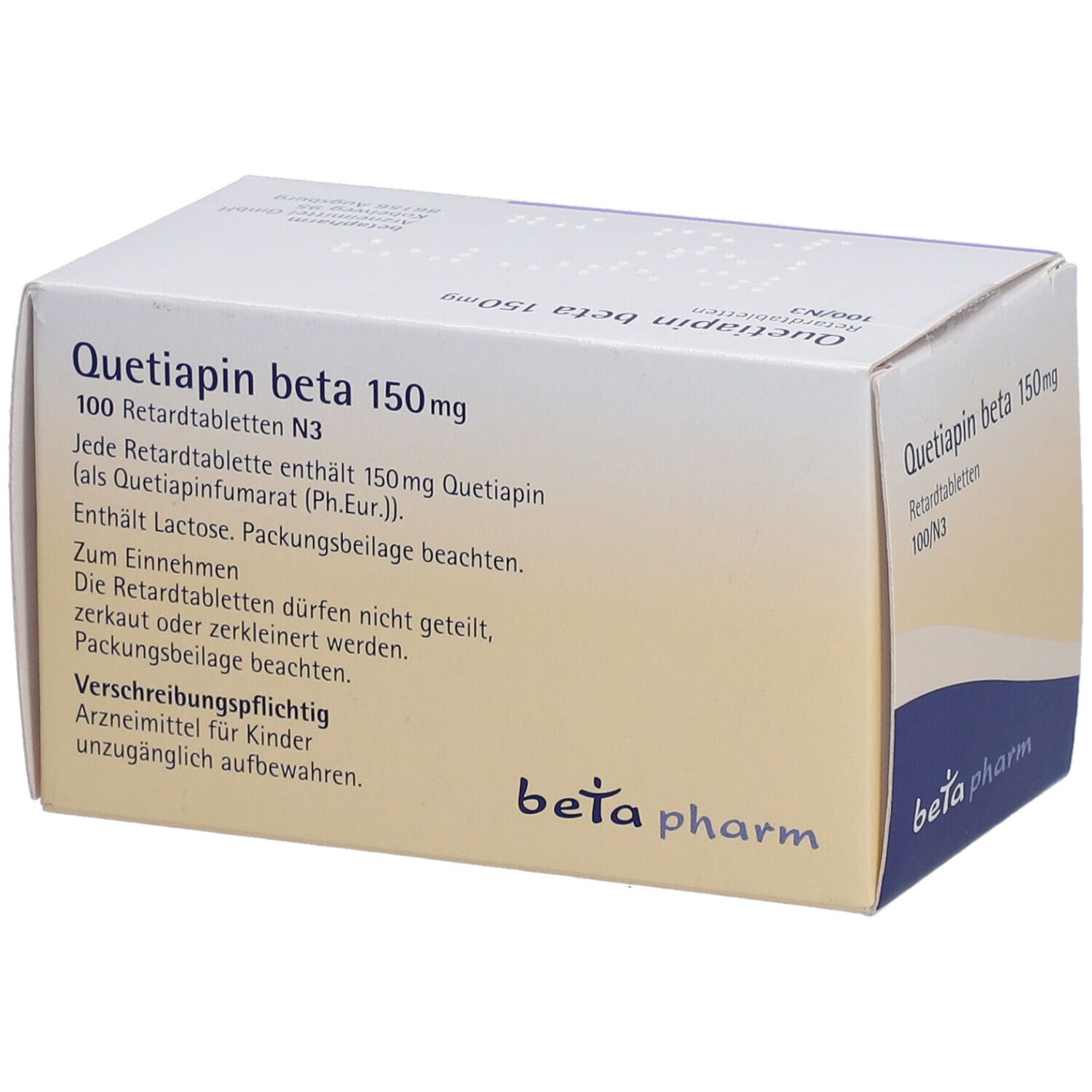 Schachtel "Quetiapin beta 150mg Retardtabletten". Text auf weißem Grund. Logo "beta pharm".