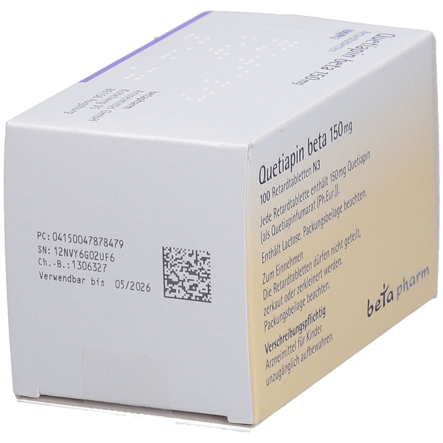 Rückseite der Schachtel "Quetiapin beta 150mg Retardtabletten". Text, Barcode, Verfallsdatum. Logo "beta pharm".