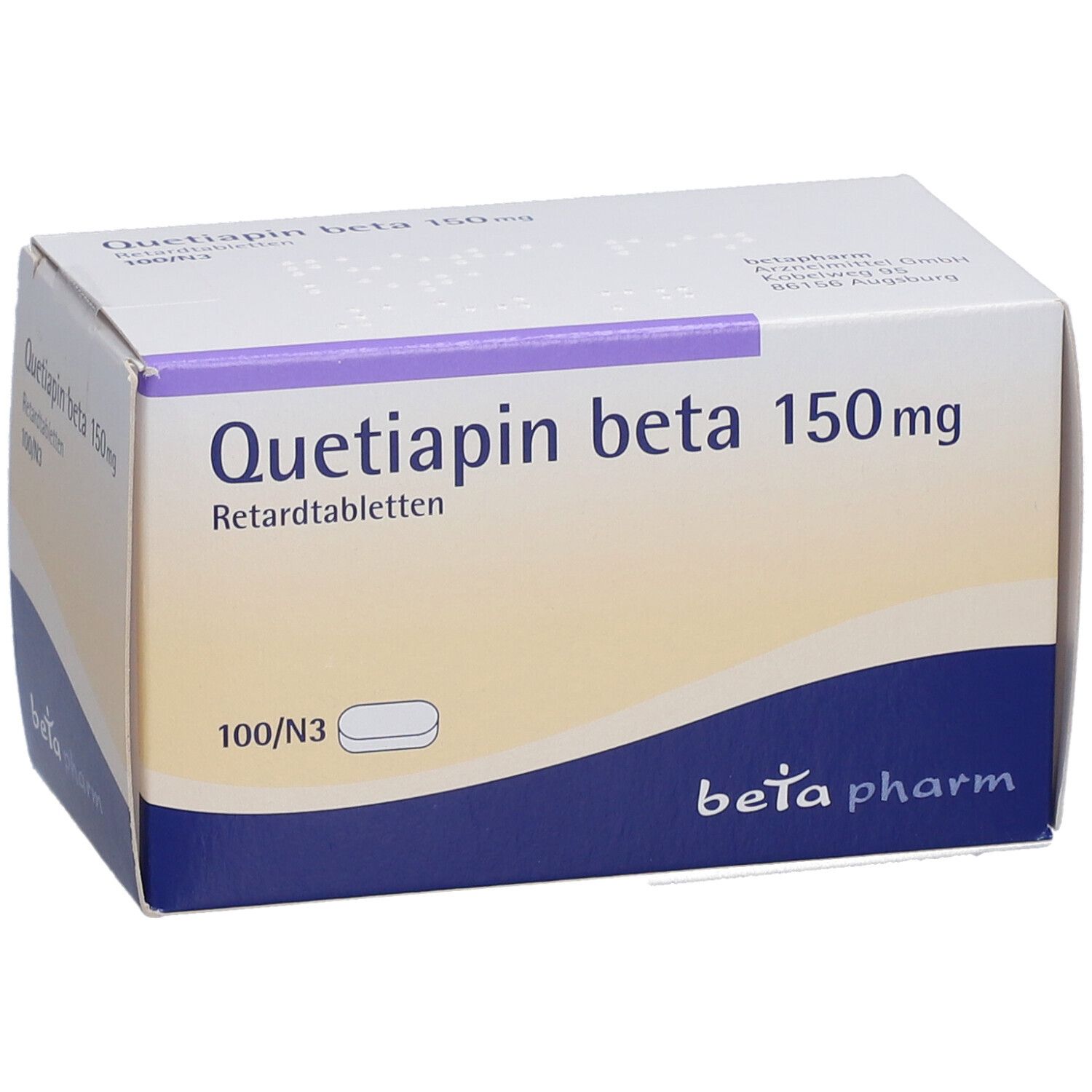 Schachtel "Quetiapin beta 150mg Retardtabletten". Weiß mit lila Schrift und Logo "beta pharm".