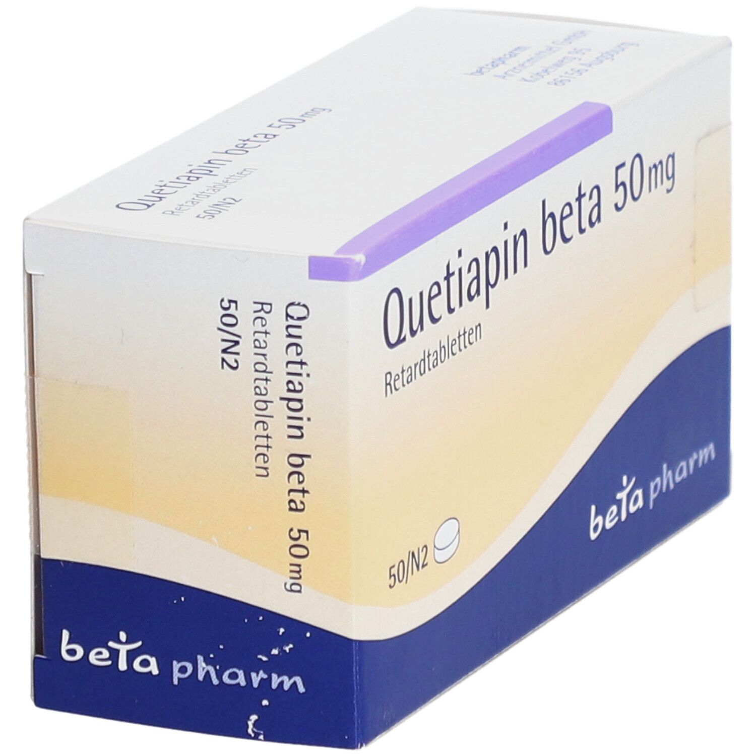 Schachtel 'Quetiapin beta 50mg Retardtabletten'. Schrägansicht. Logo 'beta pharm'.