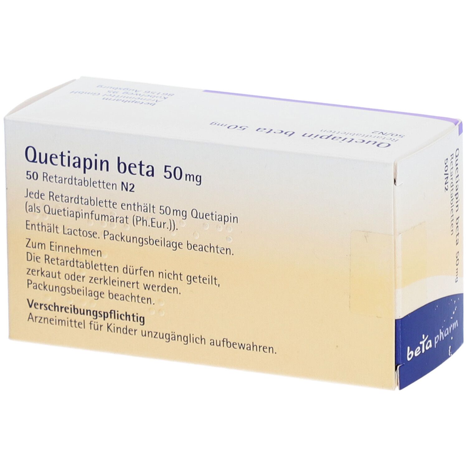 Rückseite der Schachtel 'Quetiapin beta 50mg Retardtabletten'. Textinformationen und Logo 'beta pharm'.