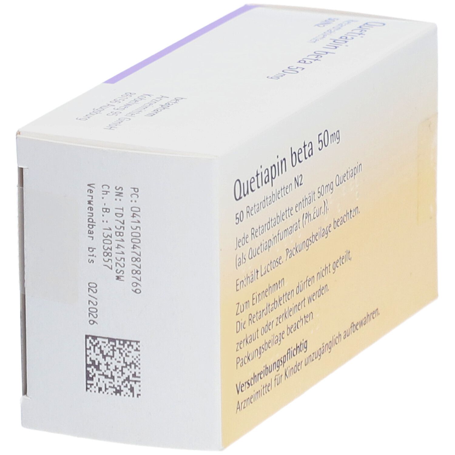 Schachtel 'Quetiapin beta 50mg Retardtabletten'. Detailansicht der Rückseite mit Text und QR-Code.