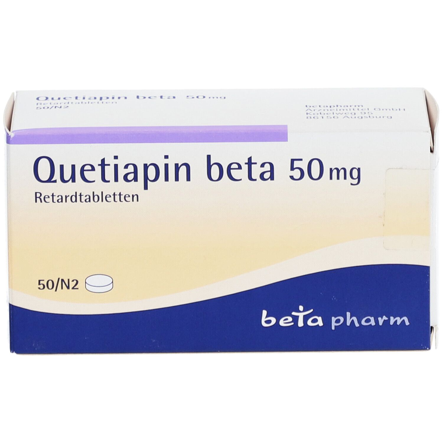 Schachtel 'Quetiapin beta 50mg Retardtabletten'. Vorderansicht. Logo 'beta pharm'.