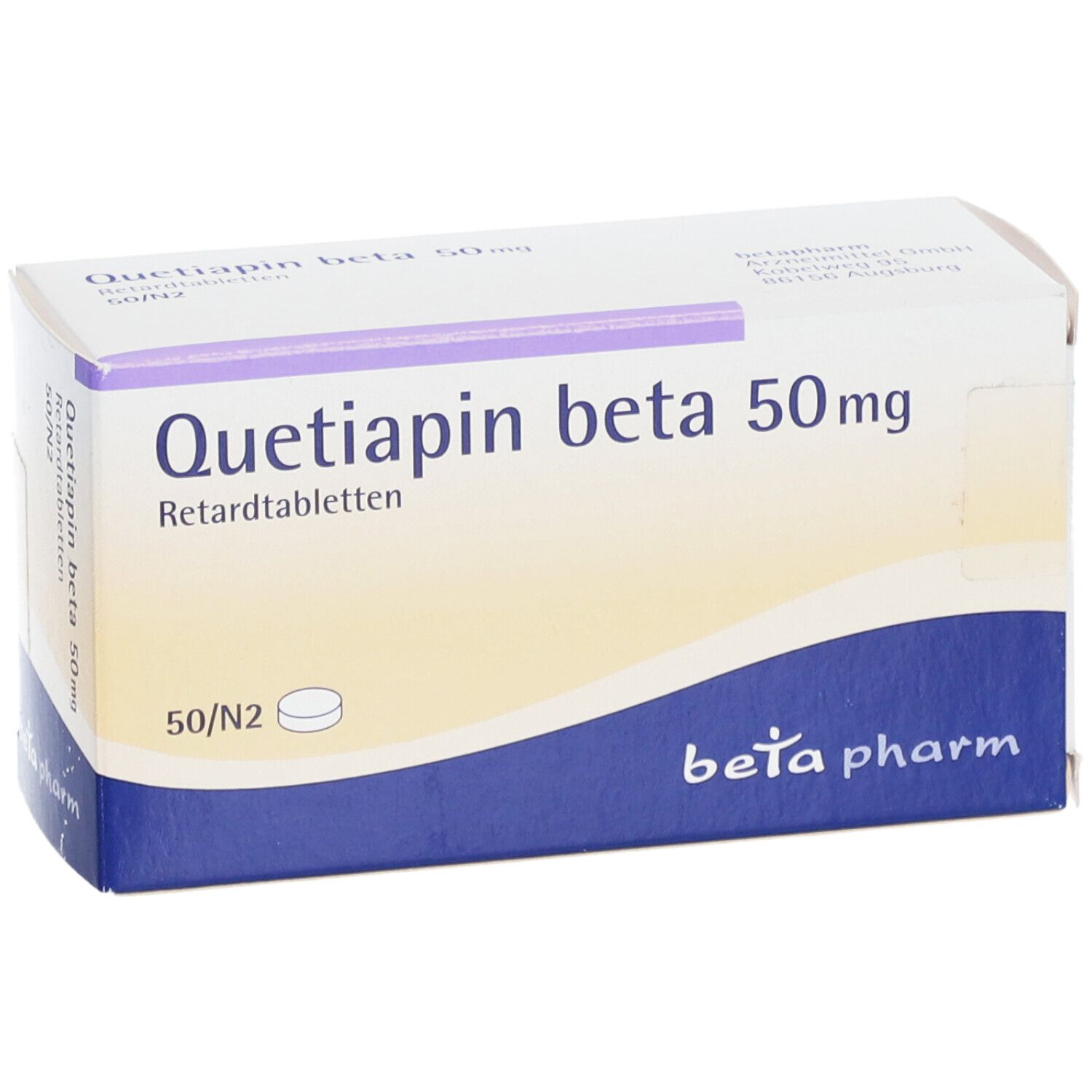 Schachtel 'Quetiapin beta 50mg Retardtabletten'. Vorderansicht. Logo 'beta pharm'.