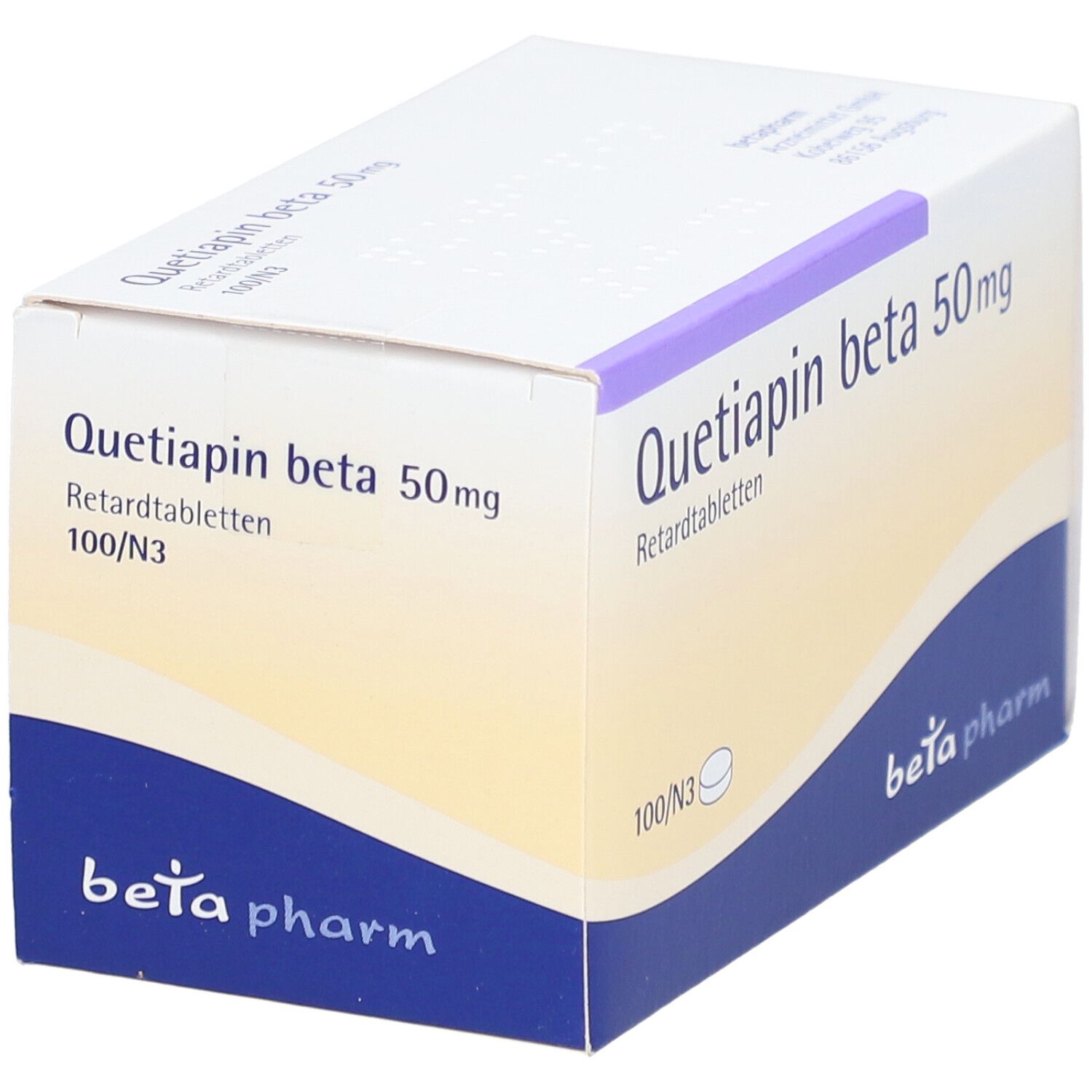 Schachtel "Quetiapin beta 50mg Retardtabletten". Weiß, blau und lila. "beta pharm" Logo. Schräge Ansicht.
