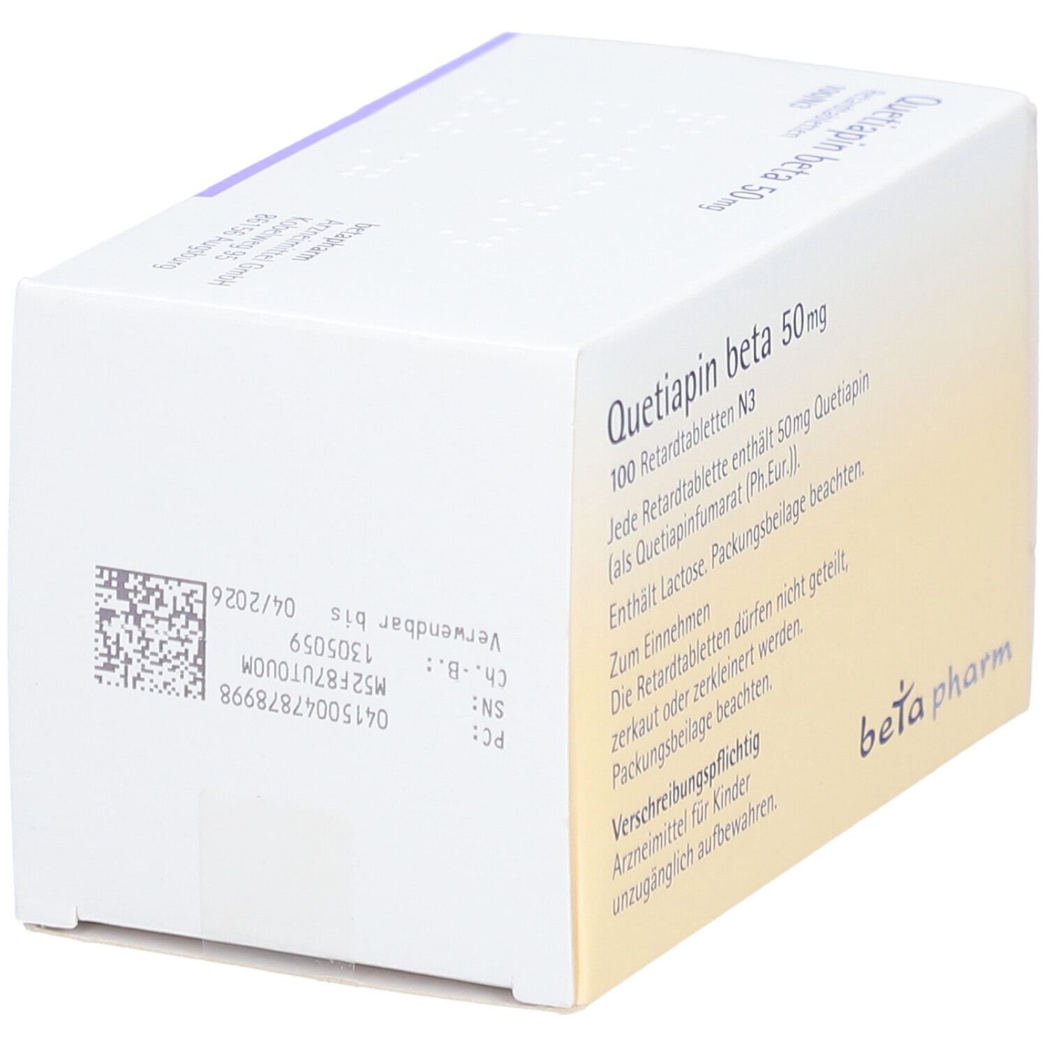 Schachtel "Quetiapin beta 50mg Retardtabletten". Rückseite mit Text und Barcode. Schräge Ansicht.