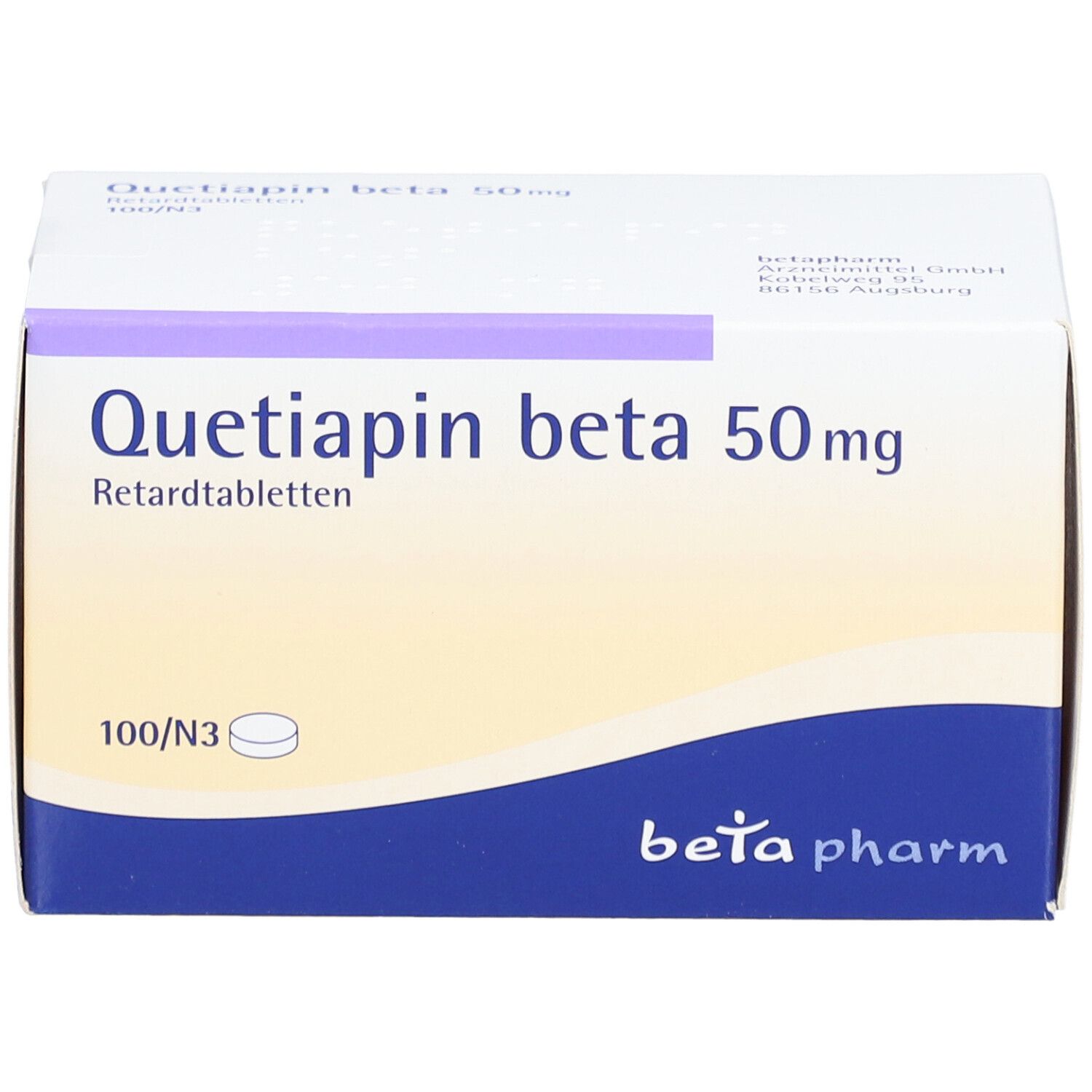 Schachtel "Quetiapin beta 50mg Retardtabletten". Weiß, blau und lila. "beta pharm" Logo. Draufsicht.