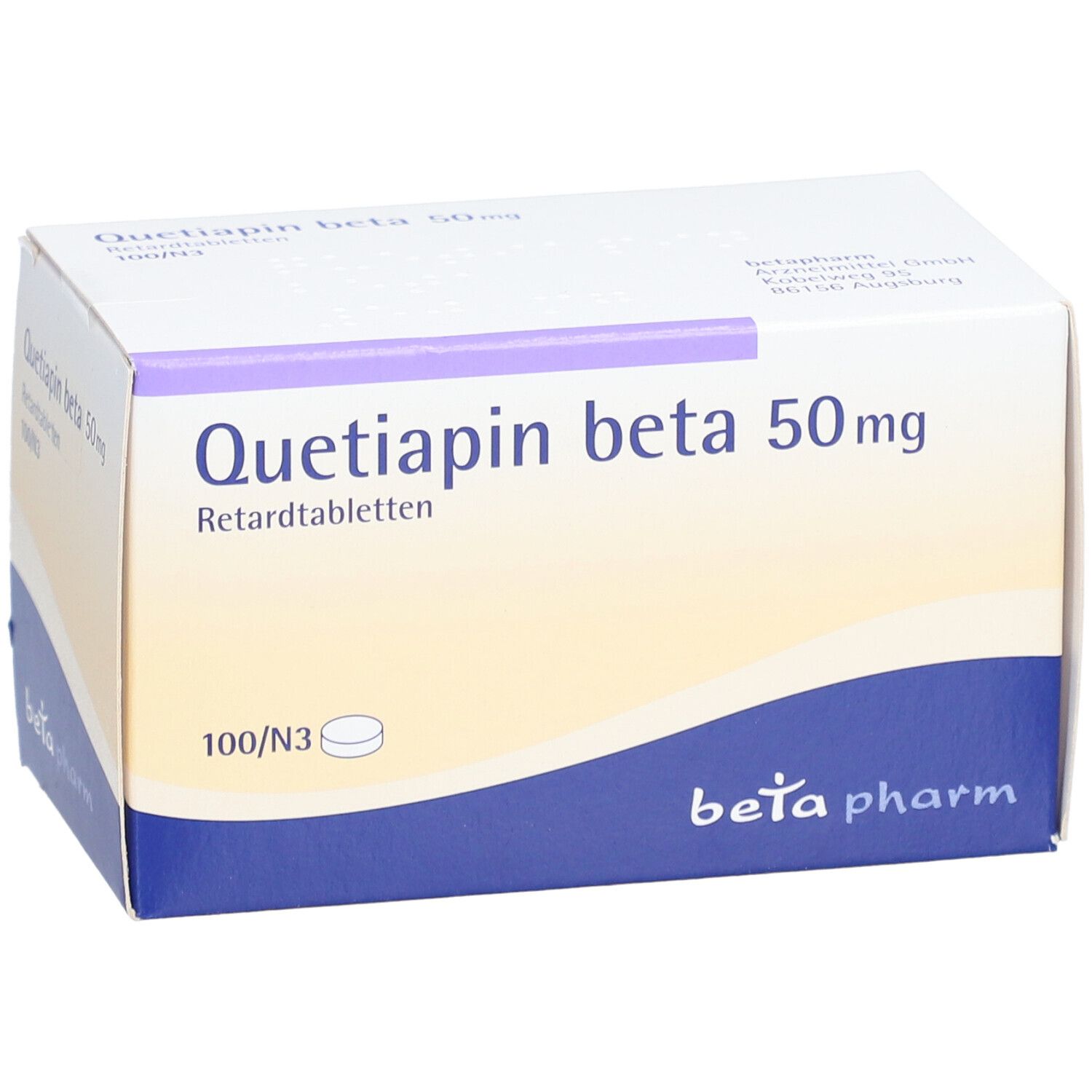 Schachtel "Quetiapin beta 50mg Retardtabletten". Weiß, blau und lila. "beta pharm" Logo. Draufsicht.