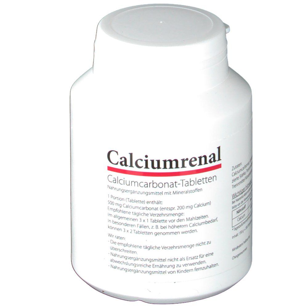 Weiße Tablettenflasche mit rotem und schwarzem "Calciumrenal"-Etikett. Enthält Calciumcarbonat-Tabletten.