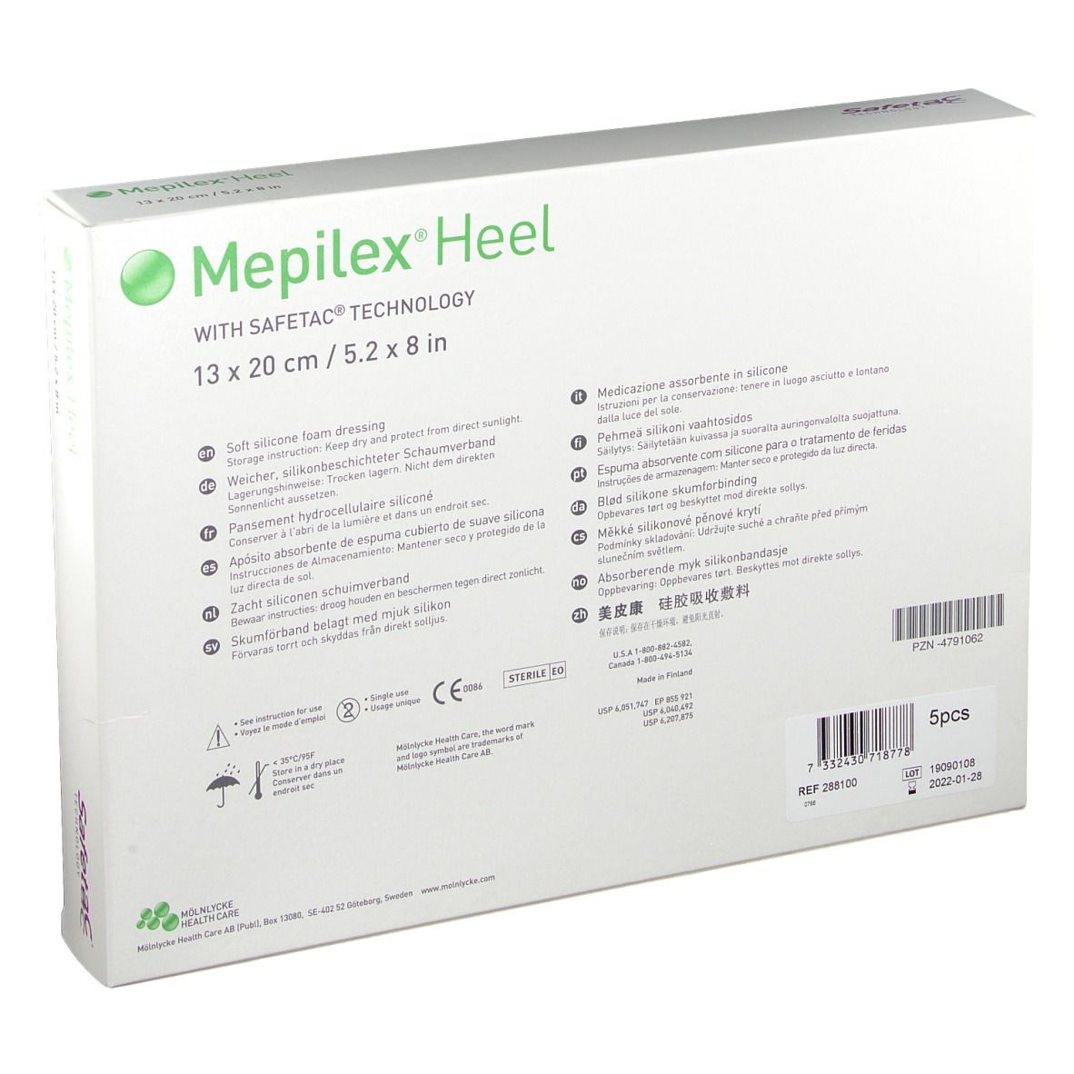 Rückseite der Mepilex Heel Verpackung. Produktinformationen, Größenangaben, CE-Kennzeichnung, 5 Stück.