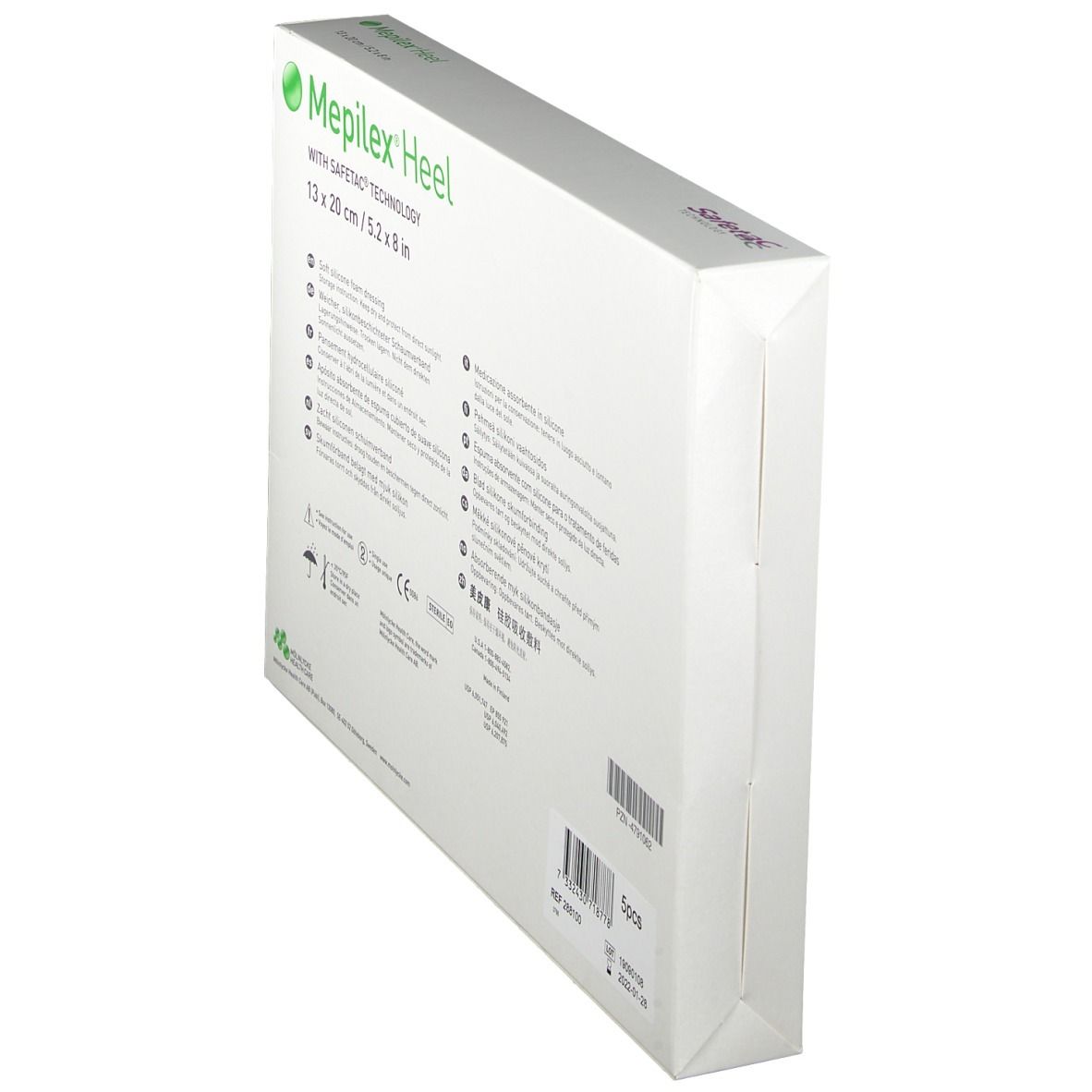 Mepilex Heel Verpackung, Rückseite. Produktinformationen, CE-Kennzeichnung. Weiße Schachtel mit grünen Akzenten.