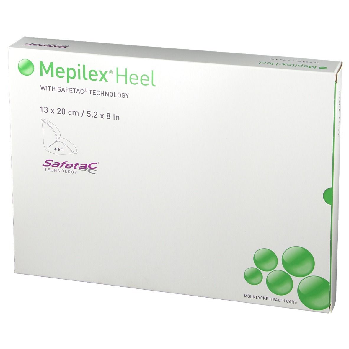 Mepilex Heel Verpackung, 13x20 cm. Weiße Schachtel mit grünen Akzenten und Produktlogo. Safetac Technologie.