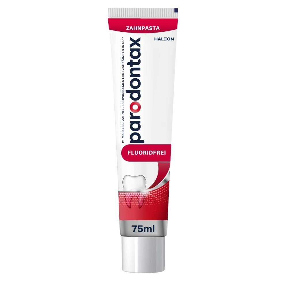 Parodontax Zahnpasta Fluoridfrei Tube, 75ml, mit Zahnabbildung.