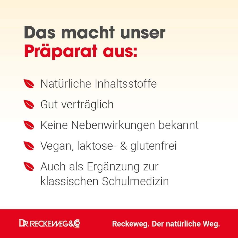 Werbebild mit Migräne-Gastreu M R16. Text: Natürliche Inhaltsstoffe, gut verträglich, keine Nebenwirkungen, vegan.