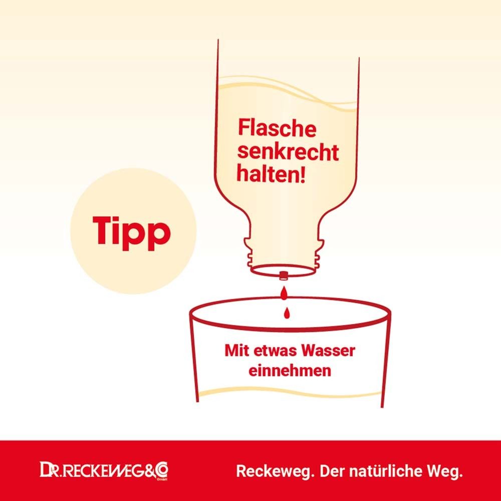 Illustration: Flasche senkrecht halten, Tropfen in Glas mit Wasser. Text: Mit etwas Wasser einnehmen.
