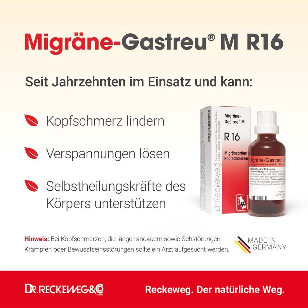 Werbebild mit Text und Produkt. Text: Lindert Kopfschmerzen, löst Verspannungen, unterstützt Selbstheilungskräfte. Dr. Reckeweg.