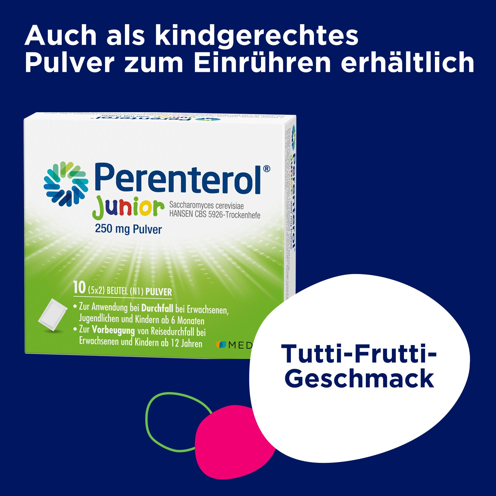 Perenterol Junior Pulver Packung mit 10 Beuteln. Tutti-Frutti-Geschmack.