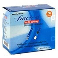 Blutzuckerteststreifen-Packung. Blaue Schachtel mit "finetest"-Logo und "Auto-coding" Schriftzug. 50 Stück.