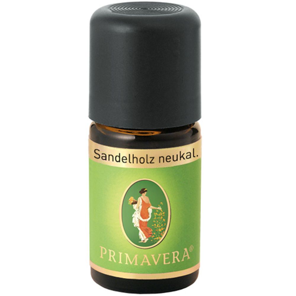 Braune Glasflasche mit schwarzem Deckel. Etikett mit Text "Sandelholz neutral" und "PRIMAVERA®". Grün-weißes Etikett mit Frau.