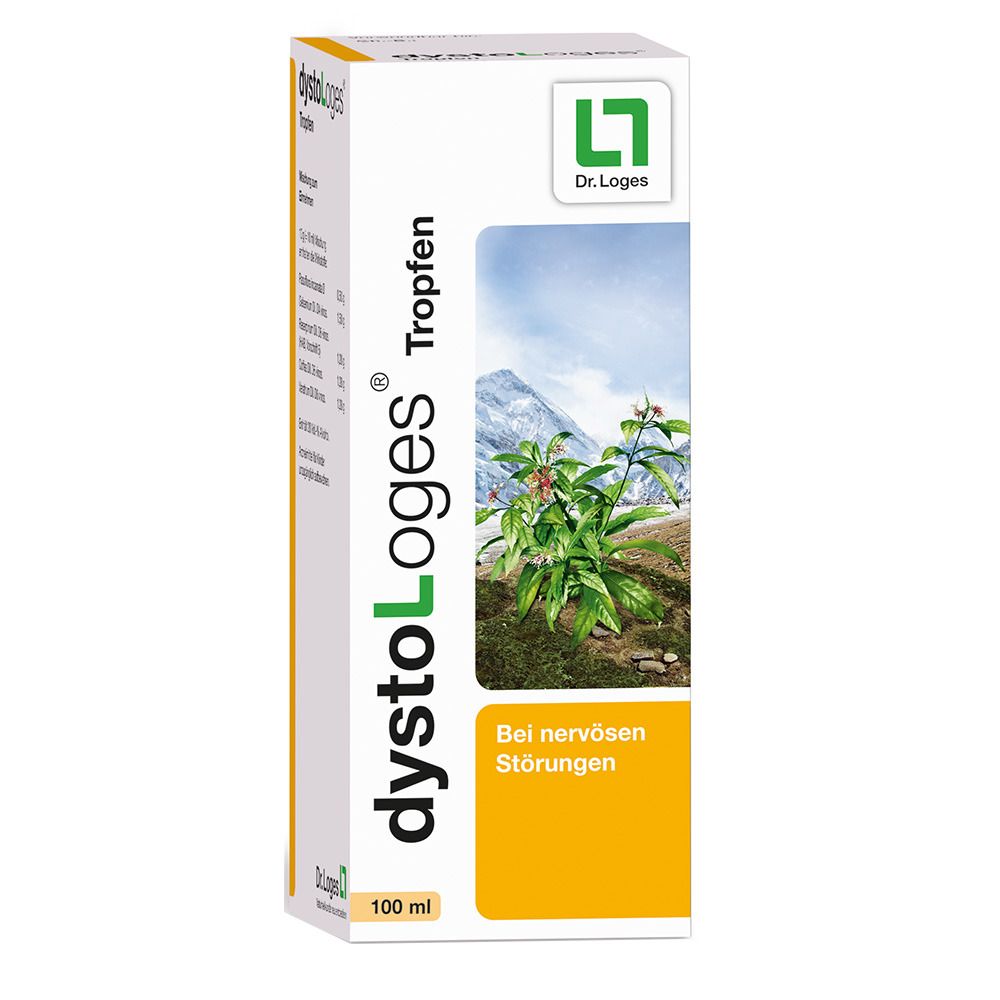 Schachtel mit dystoLoges® S Tropfen. Aufdruck: Bei nervösen Störungen. 100 ml. Logo Dr. Loges.